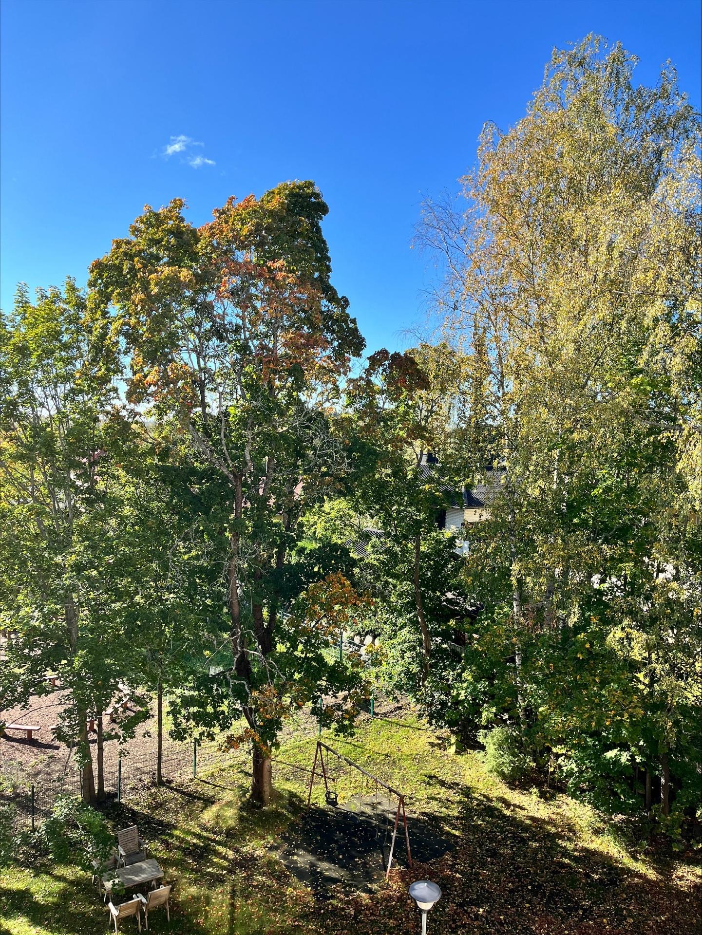 Parvekkeelta on kiva näkymä pihalle kaikkina vuodenaikoina. Kuvia kesältä ja syksyltä. 