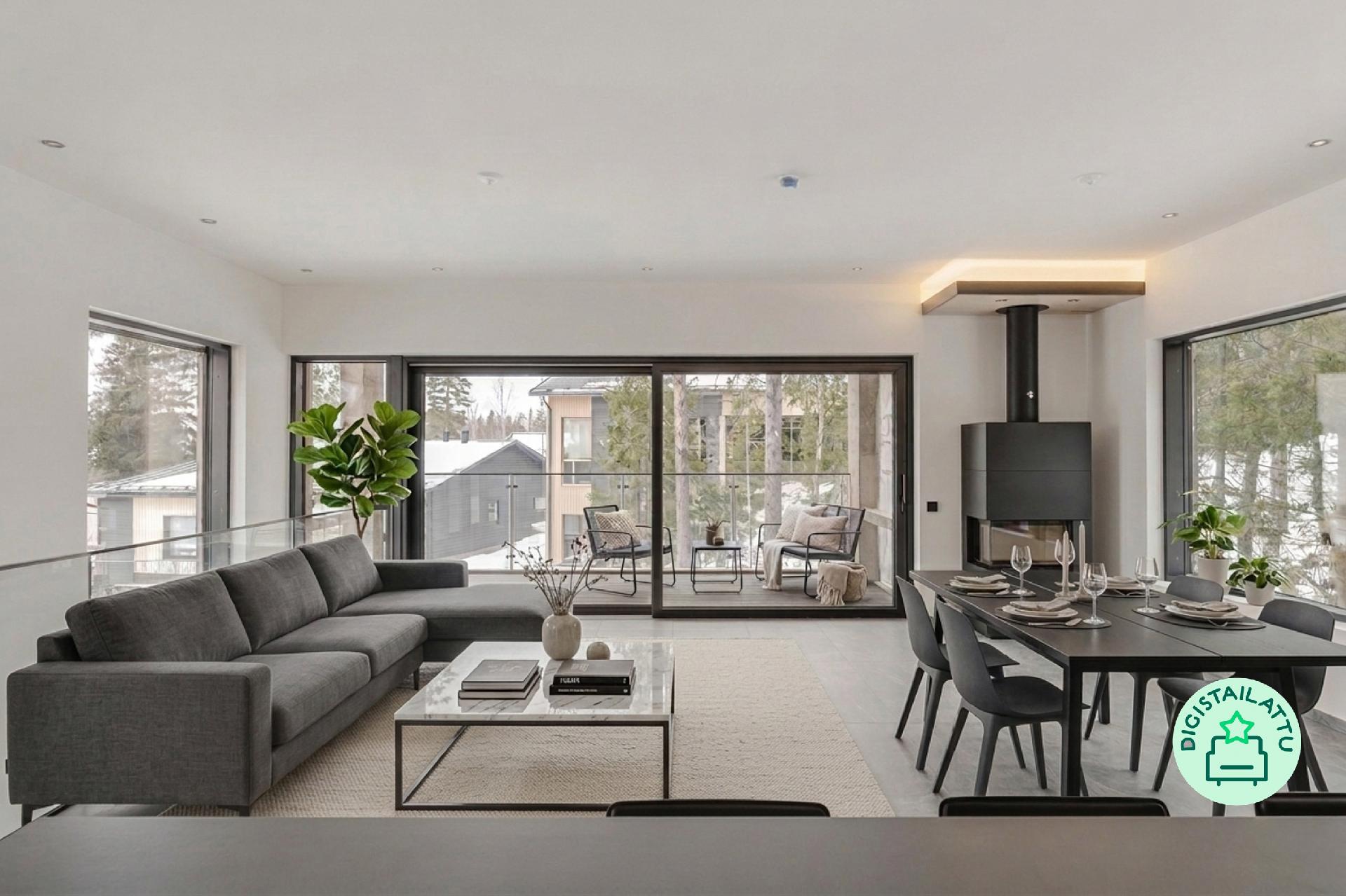 Oleskelutilat toisessa kerroksessa ovat avarat ja tyylikkäät