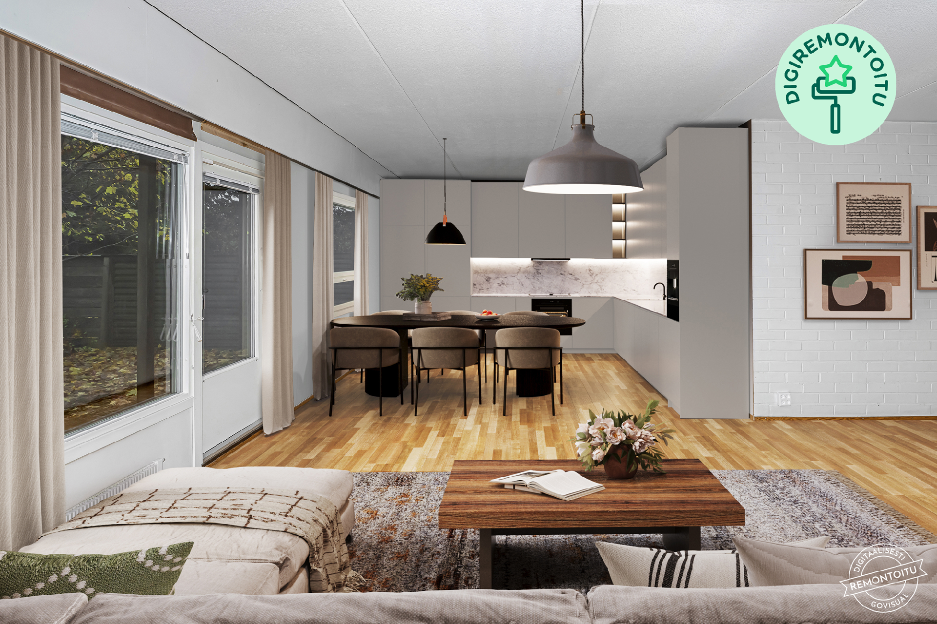 Digiremontointu kuva olohuoneesta kohti keittiötä.