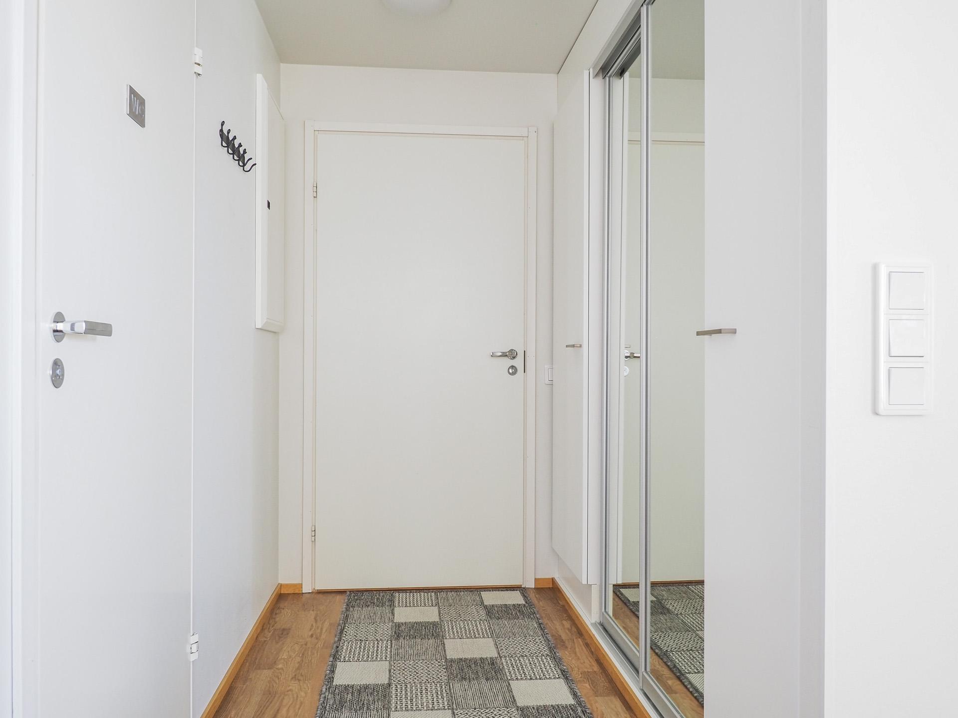 Eteinen. Oikealla luikuovellinen peilikaappi