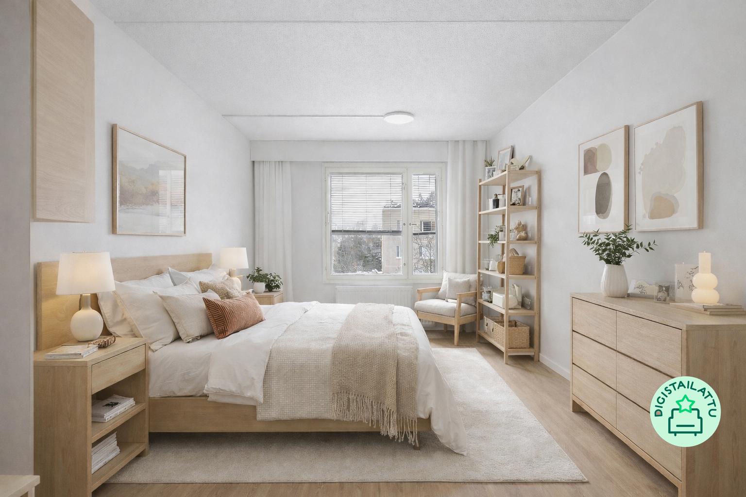 Olohuoeneen viereinen 1. makuuhuone, sisäpihan puolelle.