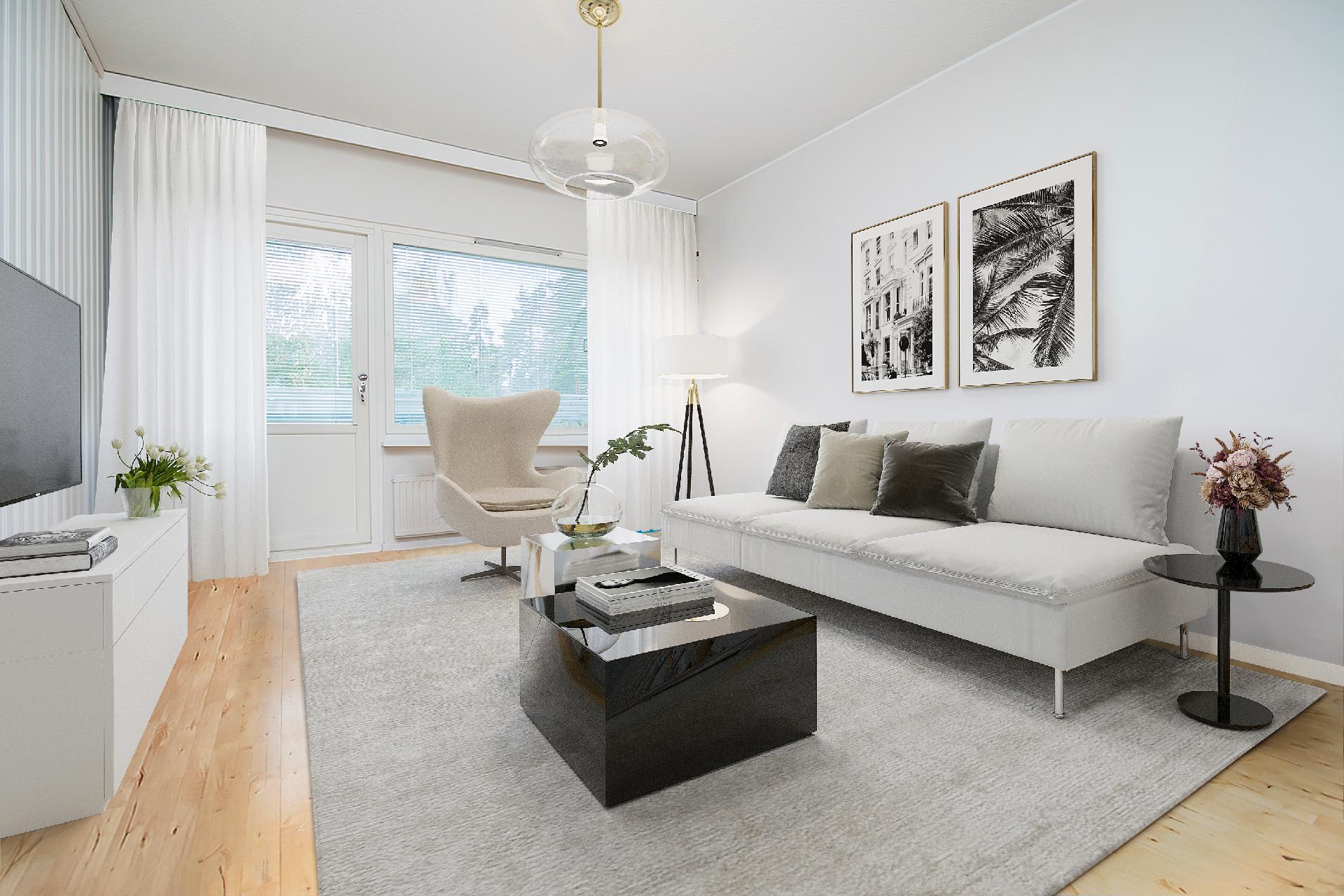 Digistailattu kuva olohuoneesta.