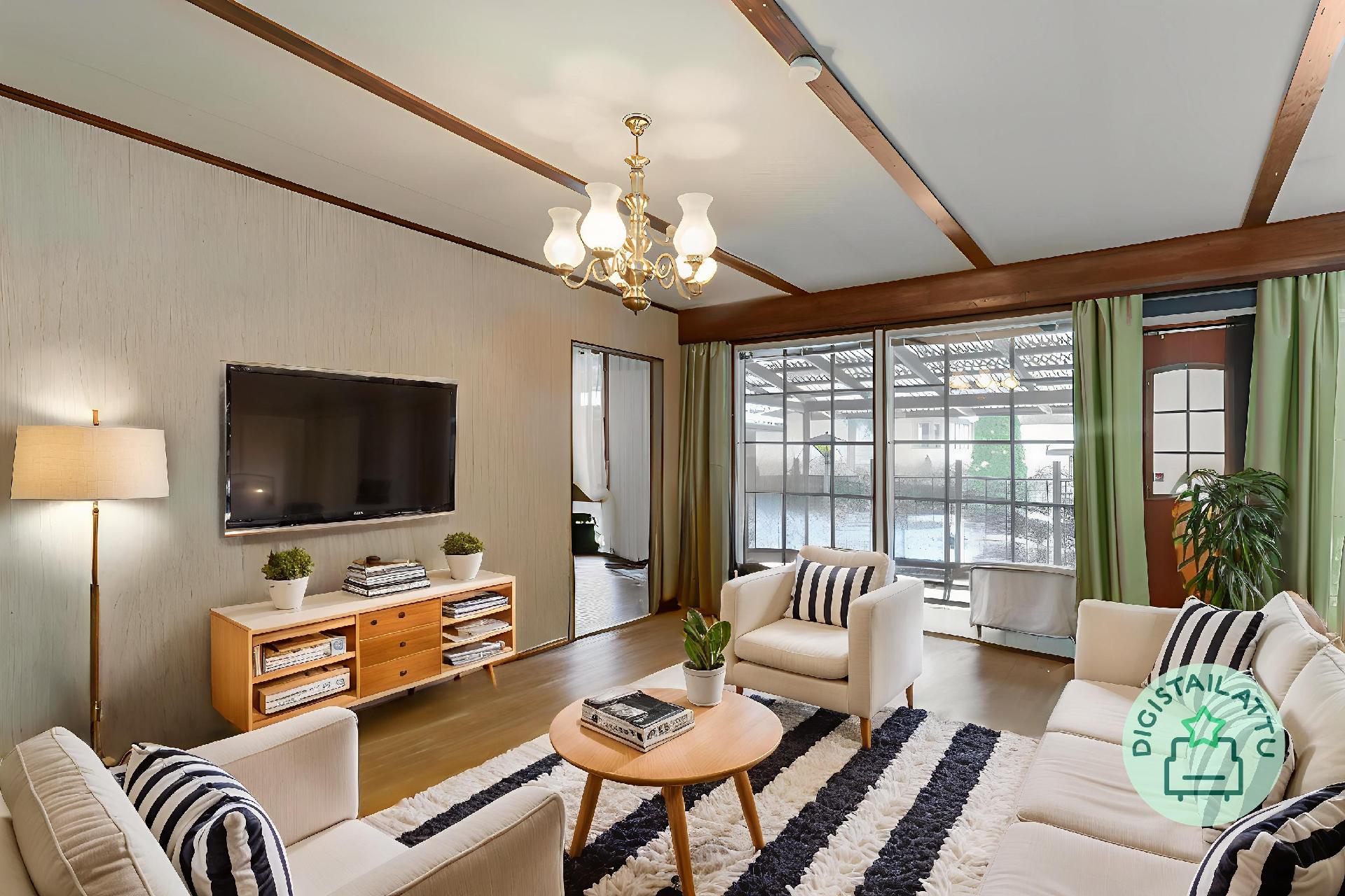 Valoisa olohuone, josta on käynti katetulle terassille