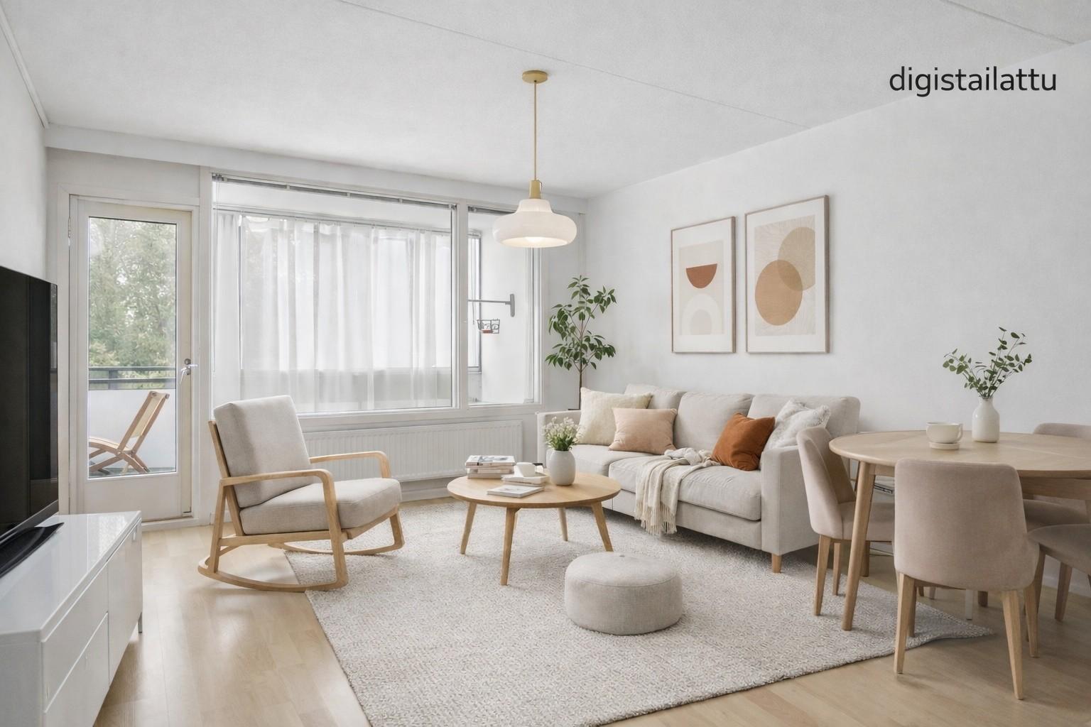 Mallisisustettu, iso ja valoisa olohuone