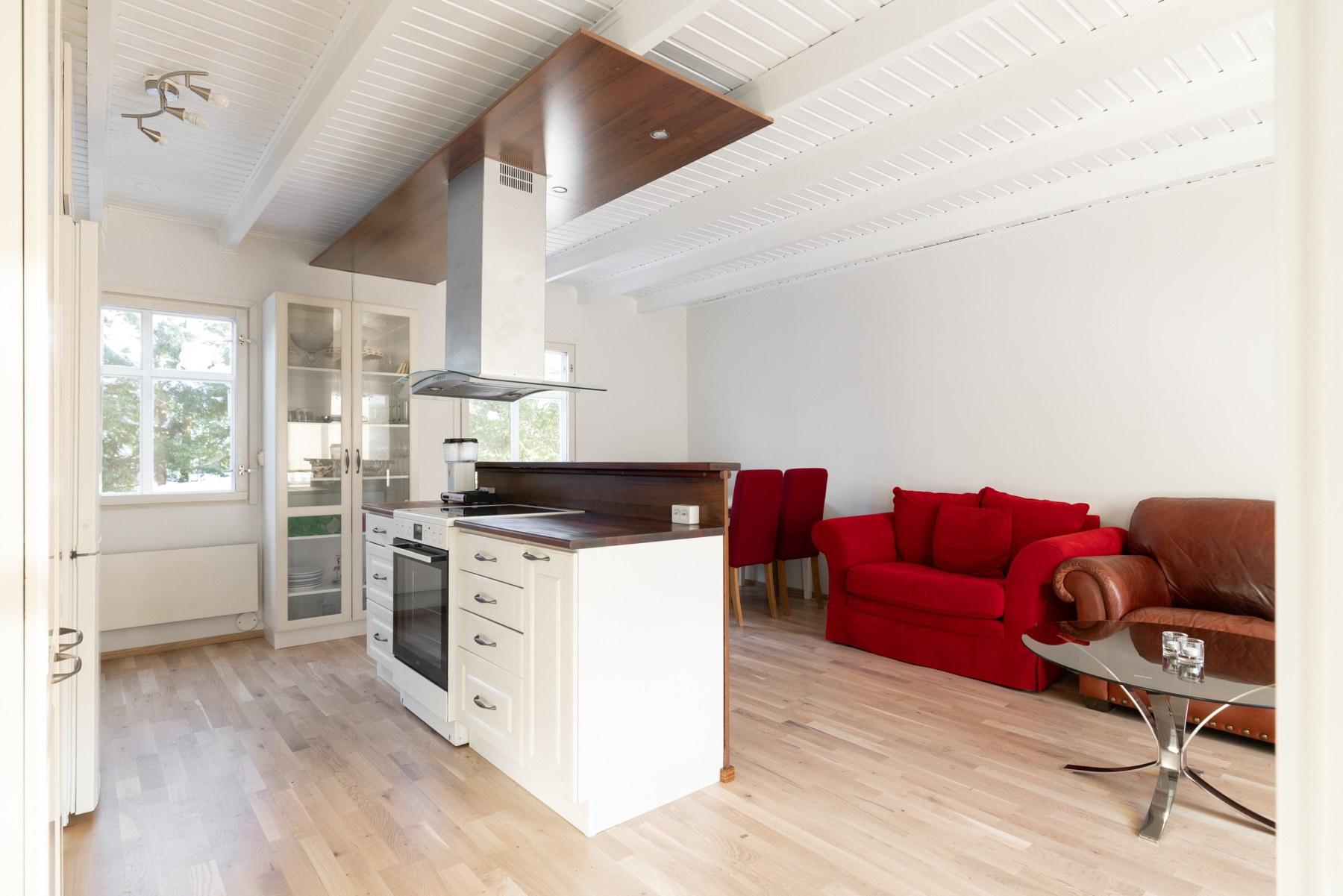 Avokeittiö, ruokailutila ja olohuone yhdistelmä - Ikkunat takapihalle päin