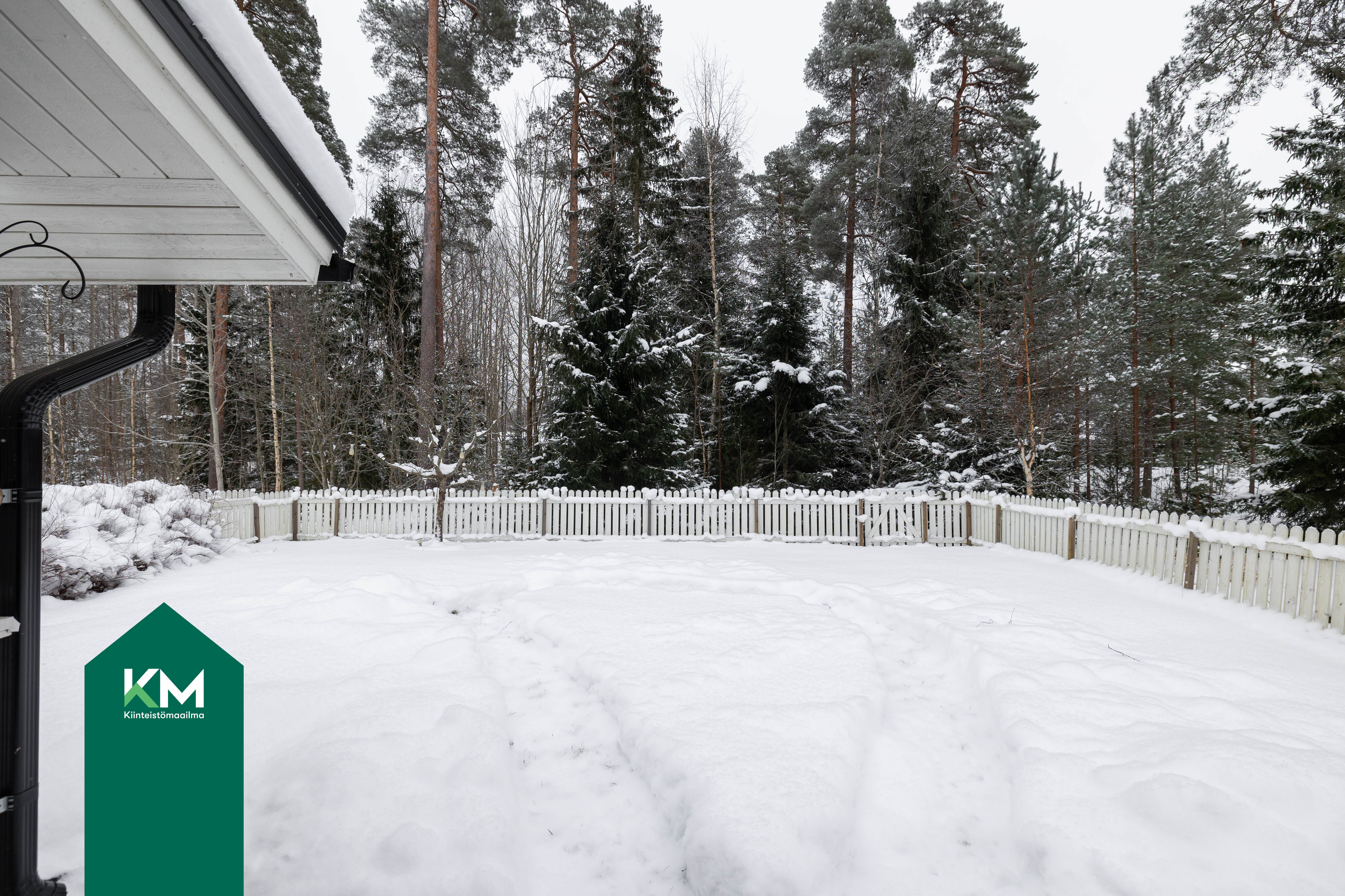Takapiha on aidattu ja rajoittuu pieneen metsikköön