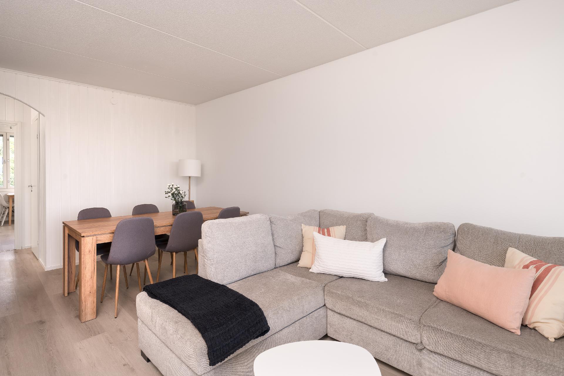 Olohuoneeseen mahtuu hyvin sohvan lisäksi pöytä