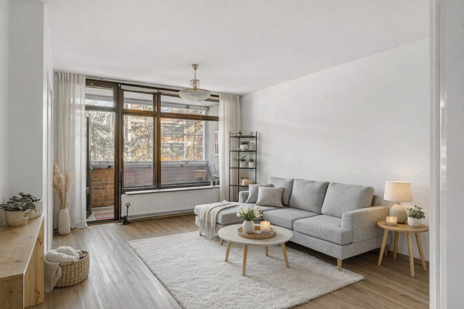 Olohuone on kutsuva ja suurista ikkunoista aukeaa kaunis maisema!