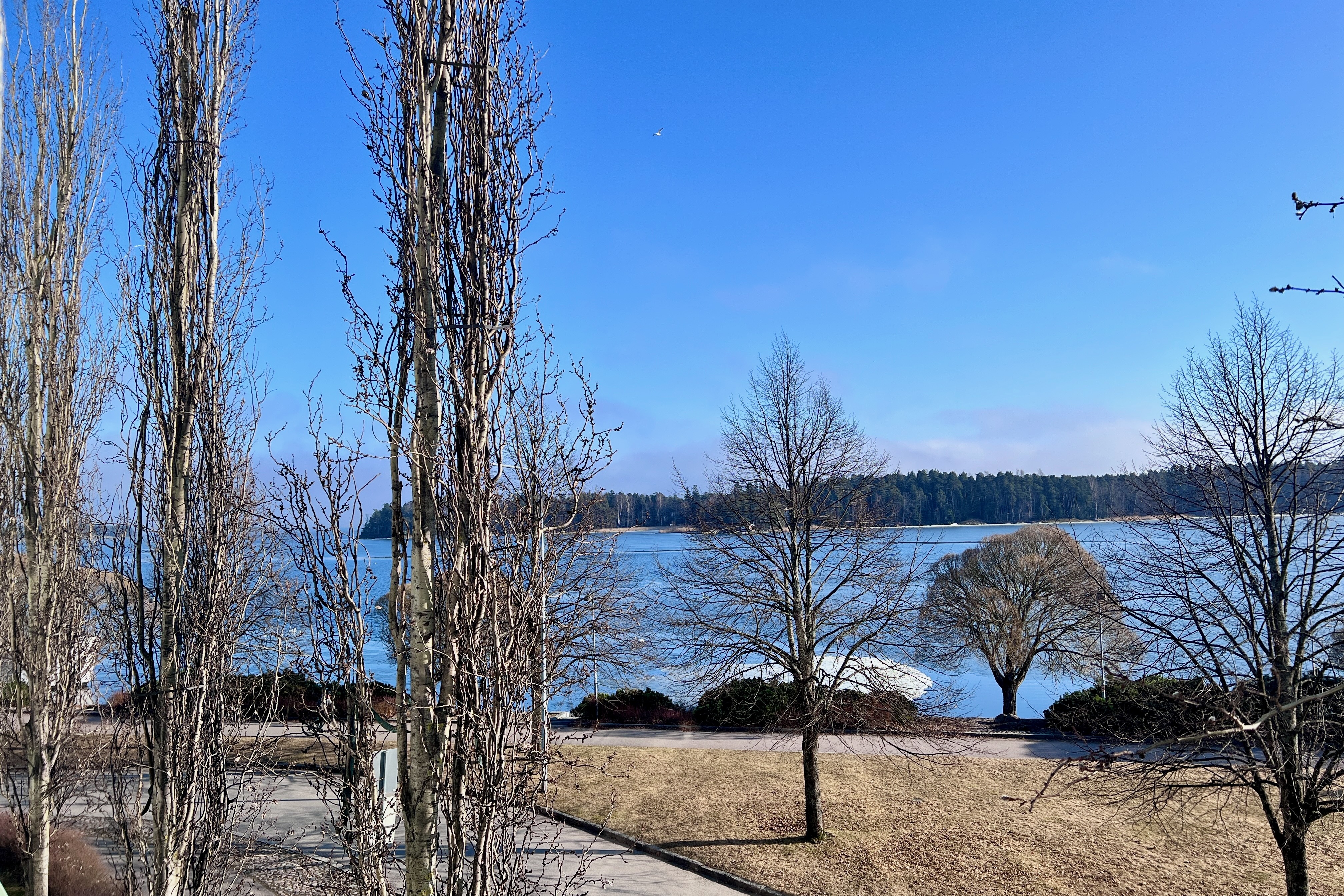 Ikkunoista ja parvekkeelta merelliset maisemat Hiekkajaalanpuiston läpi