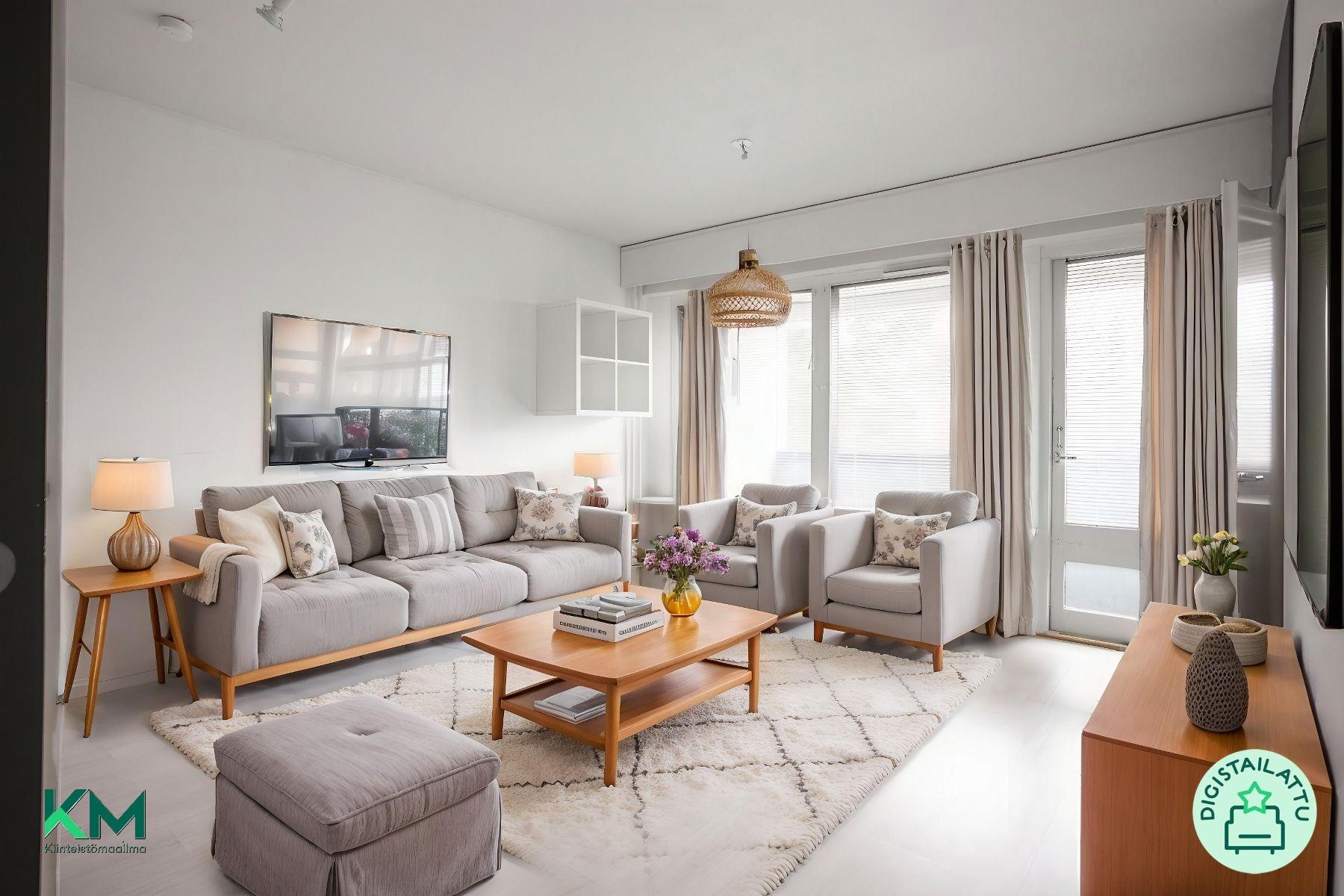 Valoisa Olohuone, käynti koko huoneiston levyiselle parvekkeelle