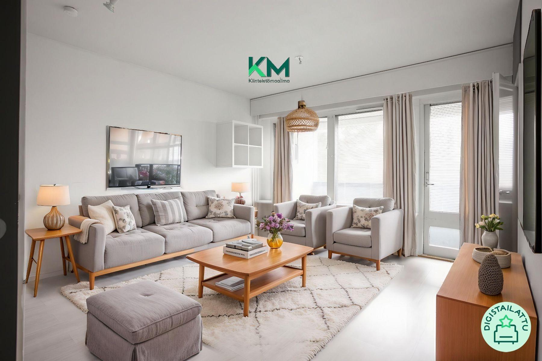 Valoisa Olohuone, käynti koko huoneiston levyiselle parvekkeelle