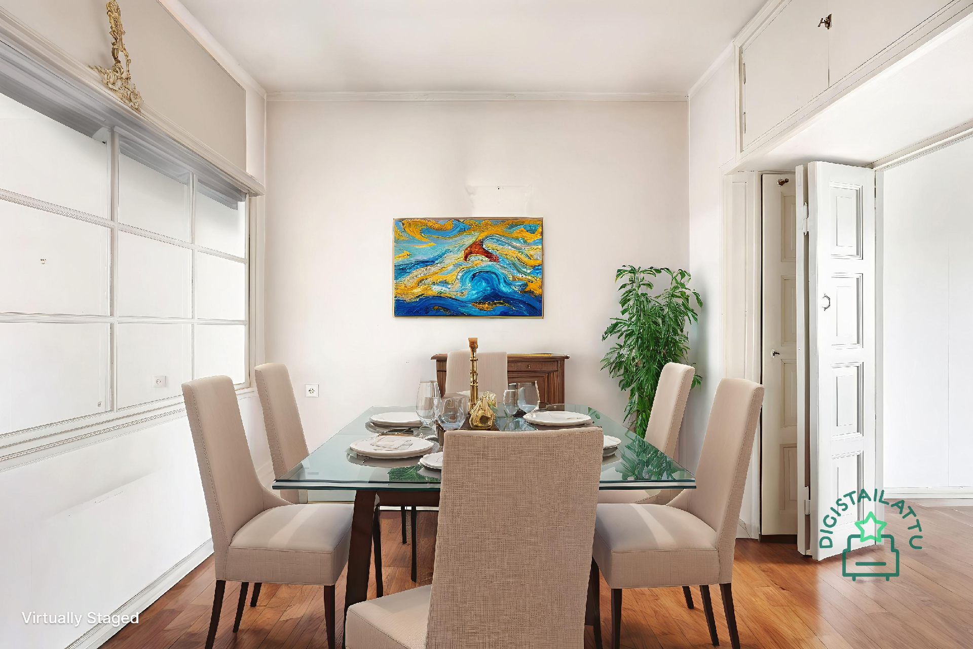 Halli voisi toimia vaikka ruokailutilana ja näyttää tältä, digistailattu