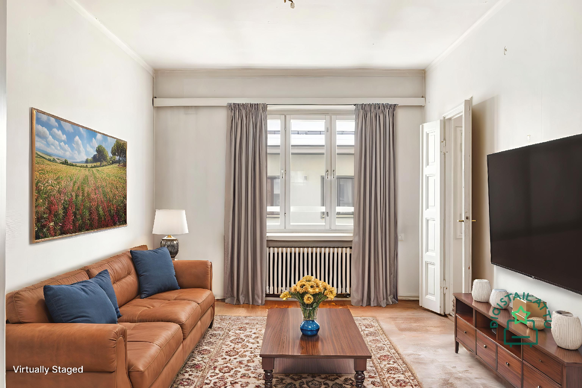 Olohuone voisi kalustettuna näyttää vaikka tältä, digistailattu