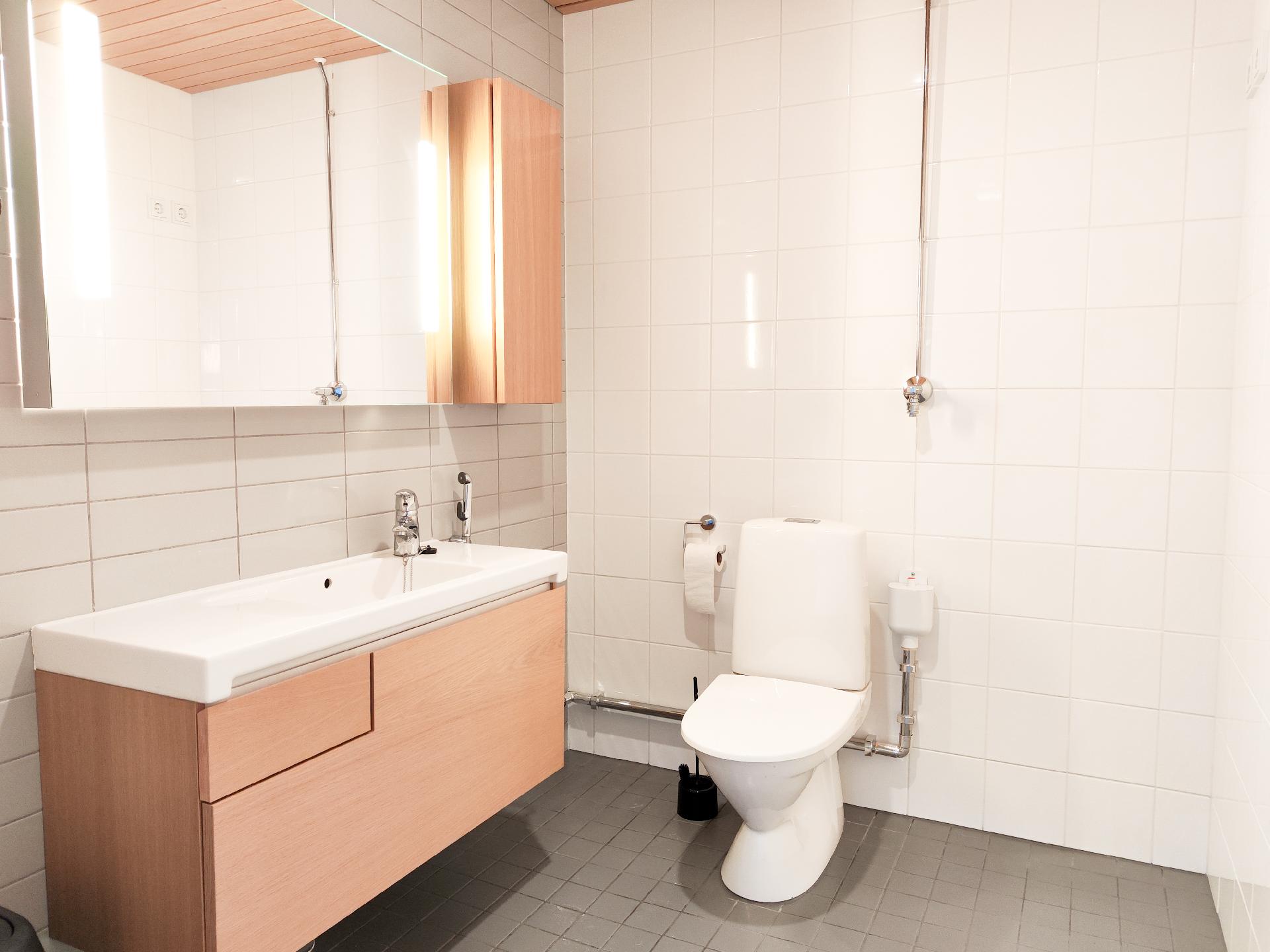 Todella tilava WC, jossa pyykinpesukoneliitäntä.