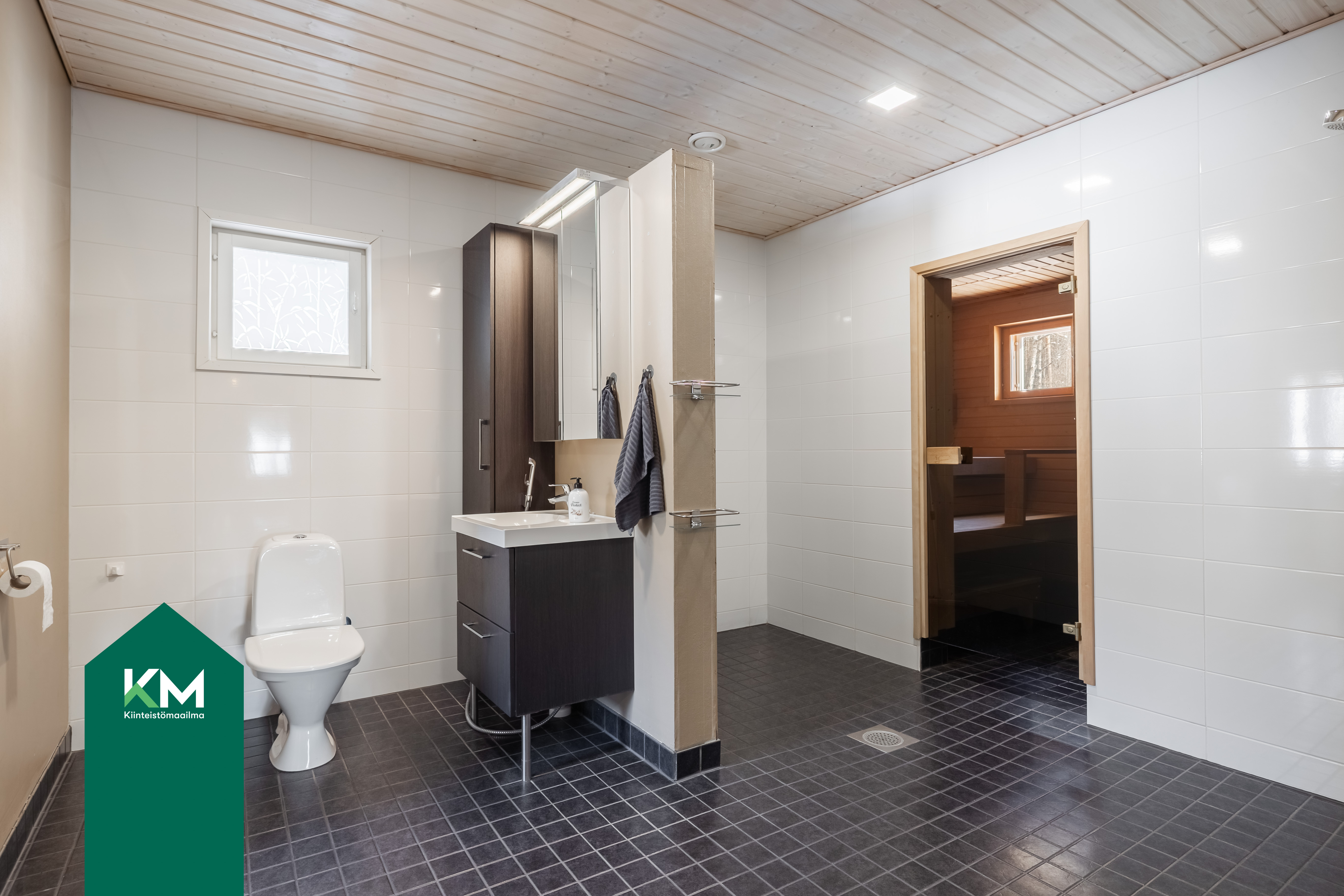 Pesuhuone, sauna ja WC laajennusosassa