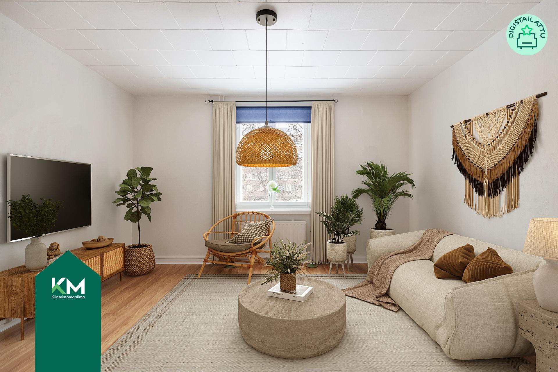 Olohuoneesta digitaalisesti stailattu kuva