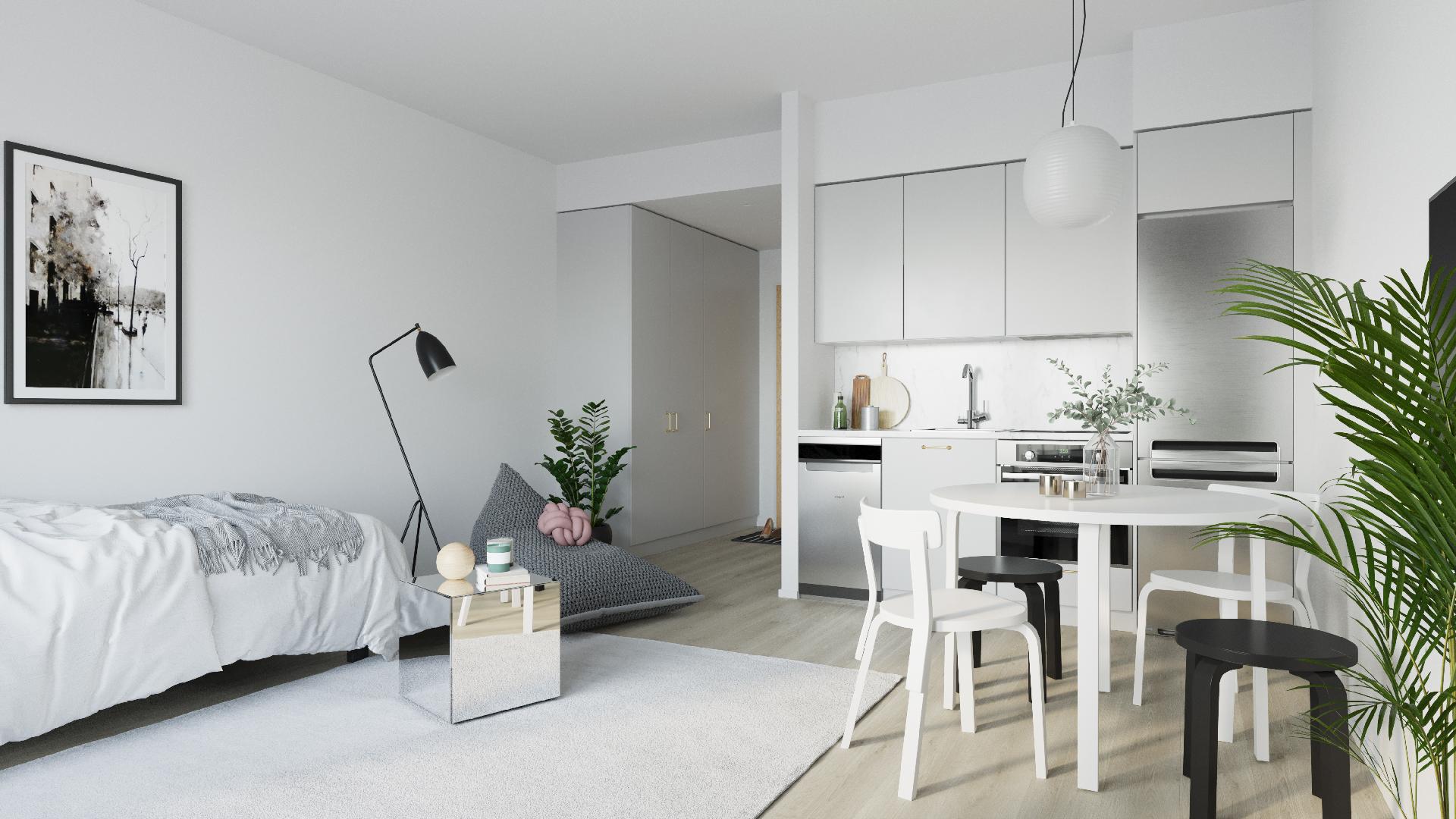 Visualisointikuva on taiteilijan näkemys vastaavankokoisesta asunnosta (peilikuva).