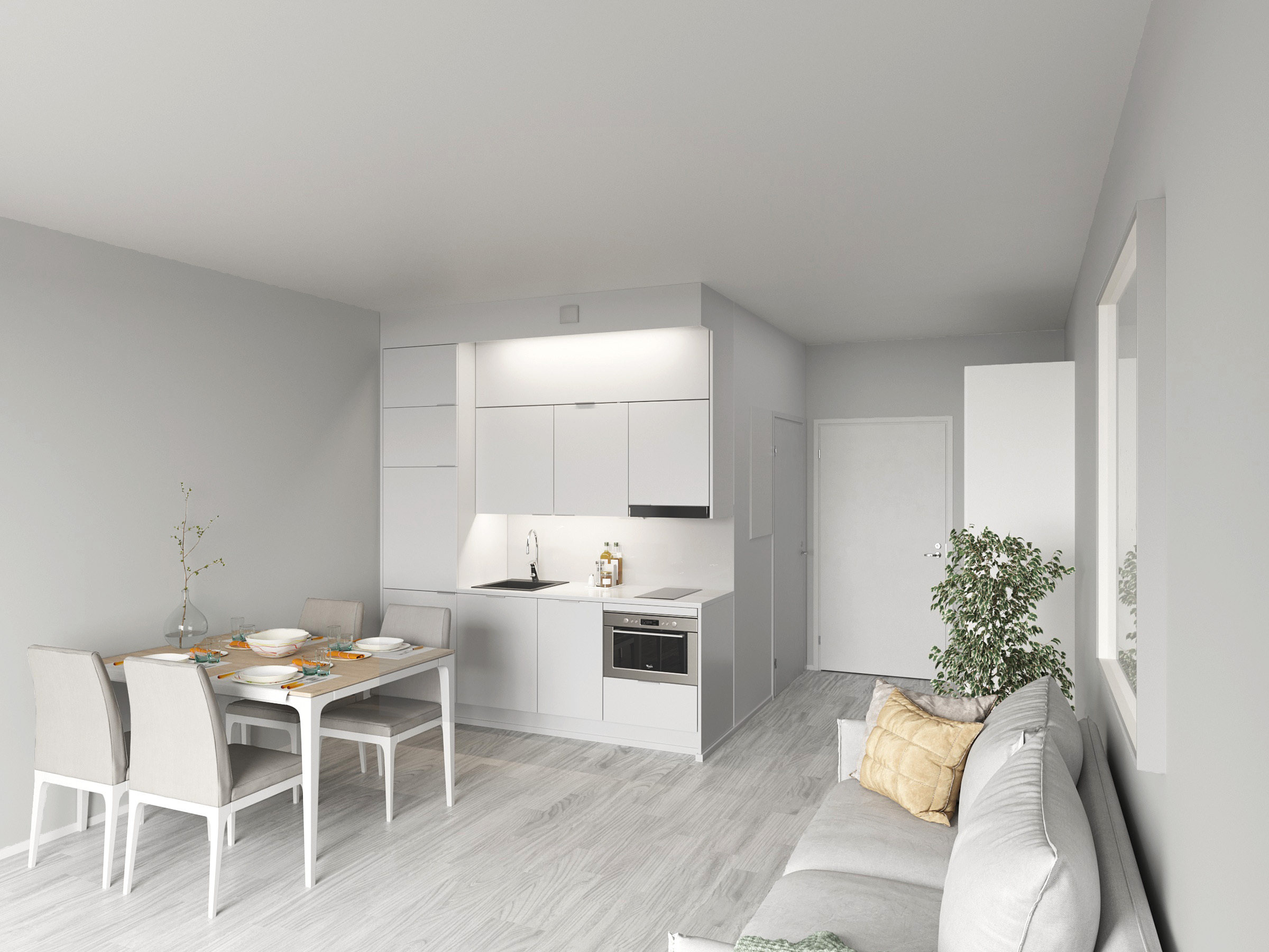 Havainnekuva rakennustavasta ja materiaaleista. Kuva ei välttämättä ole kyseisestä asunnosta.