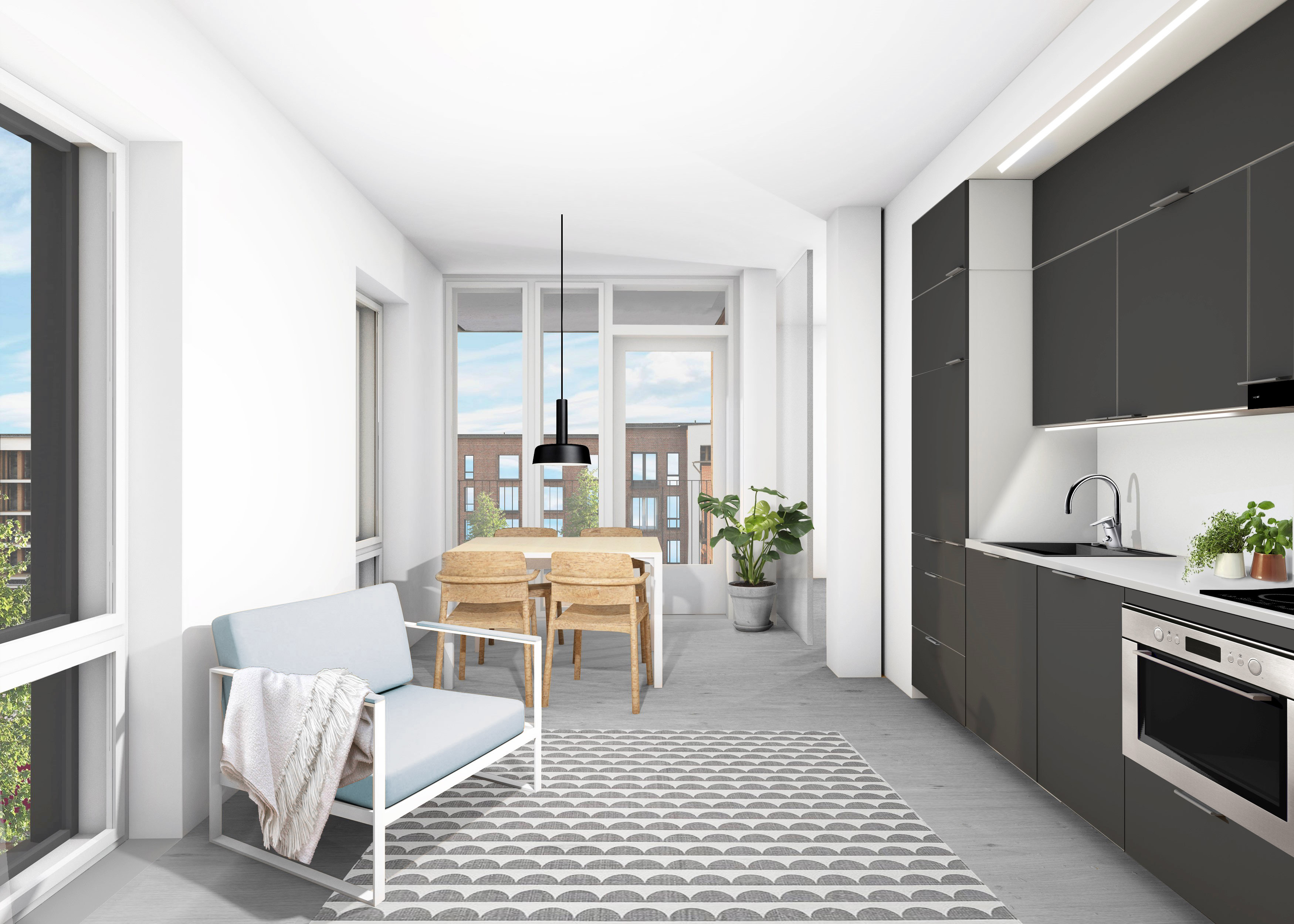 Havainnekuva rakennustavasta ja materiaaleista. Kuva ei välttämättä ole kyseisestä asunnosta.