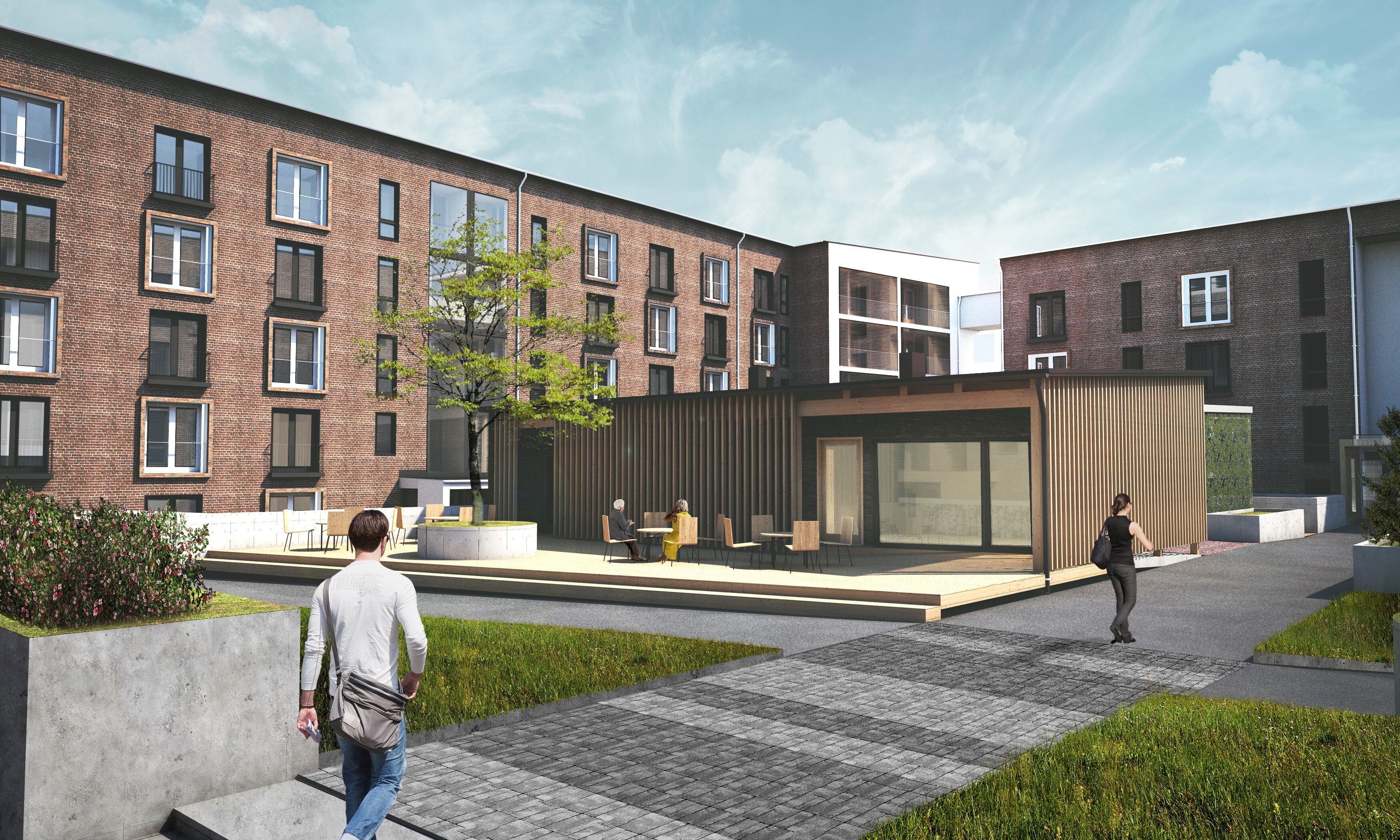 Sisäpihalla yhteinen saunarakennus