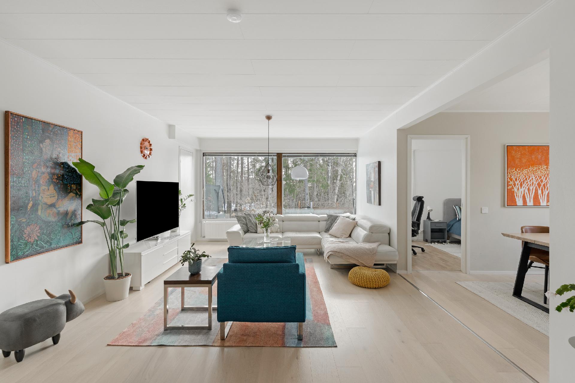 Eteisestä olohuoneen suuntaan, suuret ikkunat antavat valoa tilaan