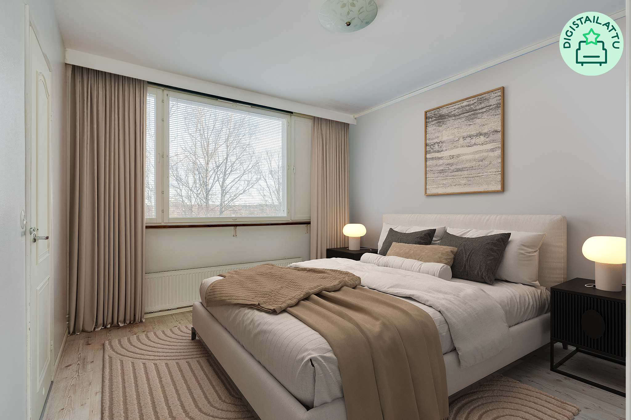 Tilava makuuhuone, vaatehuone vasemmalla. Sisustus digistailattu.