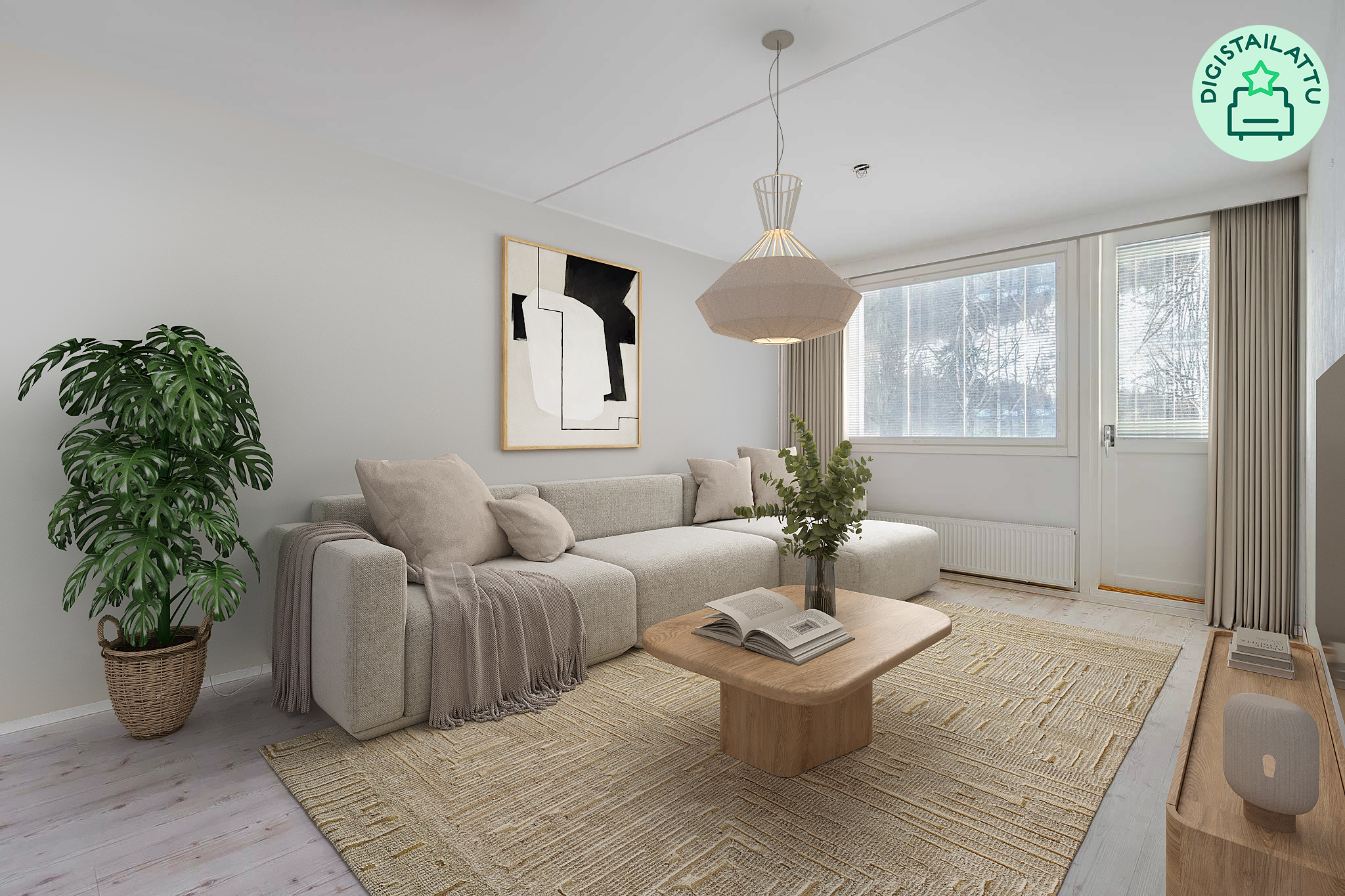 Olohuoneesta on käynti lasitetulle parvekkeelle. Kuvaan on digistailattu sisustus.