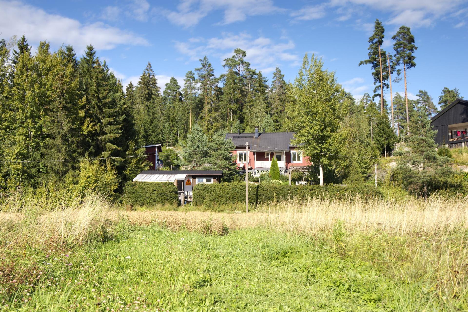 Talo ja pihapiiriä pellon puolelta kesällä