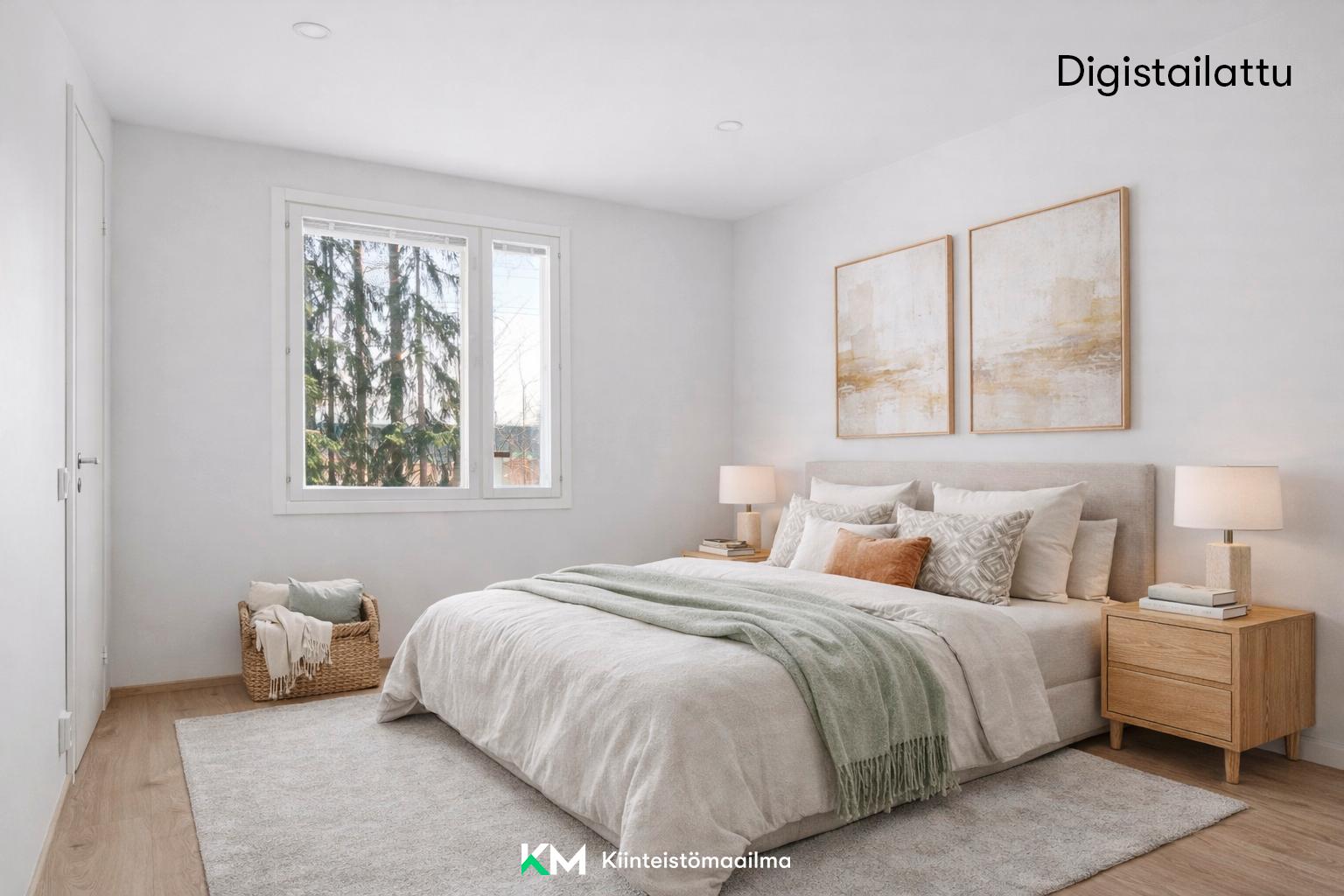 Keskikerrokseen stailattu makuuhuone.
