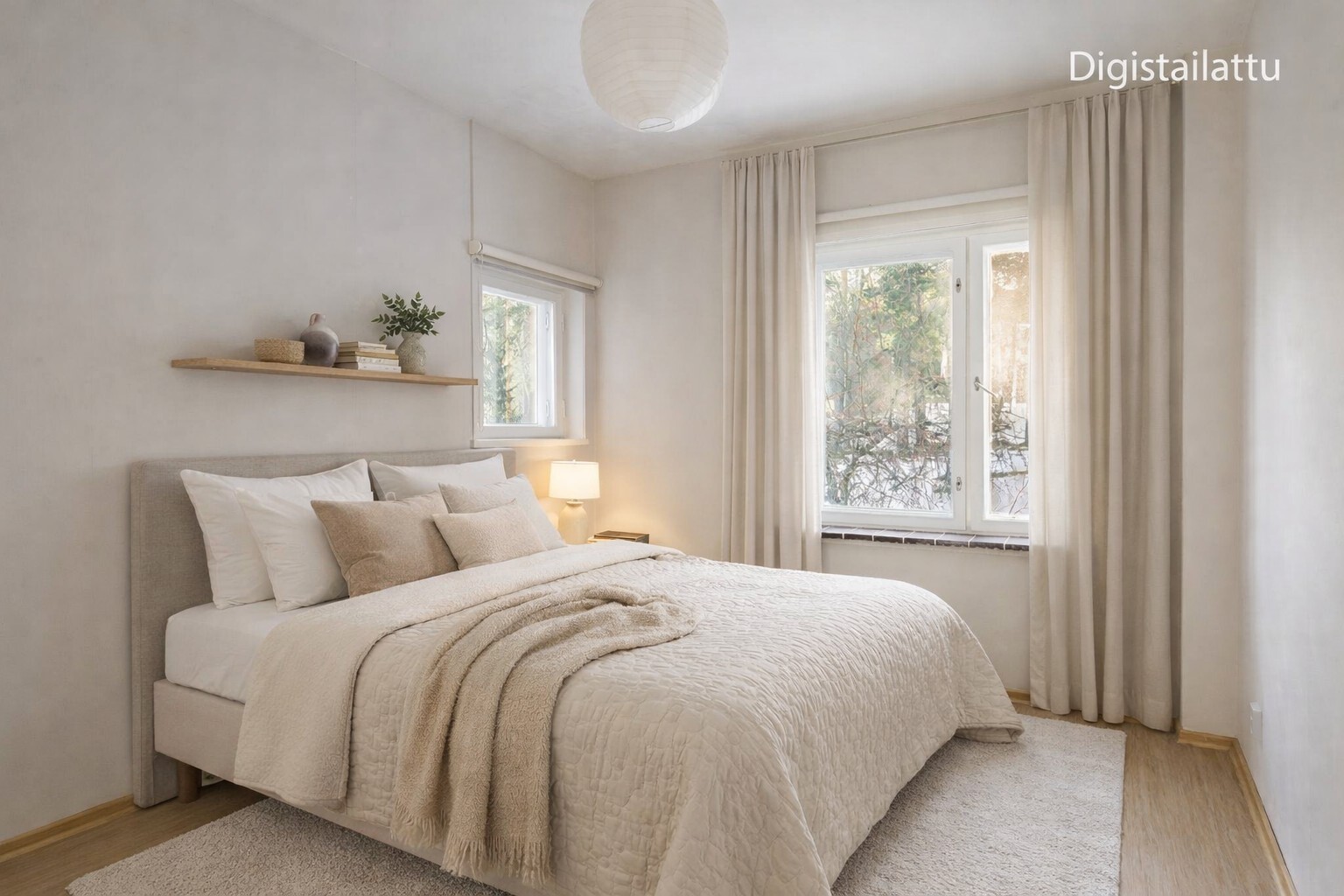 Makuuhuoneeseen voi sijoittaa sängyn usealla tavalla.