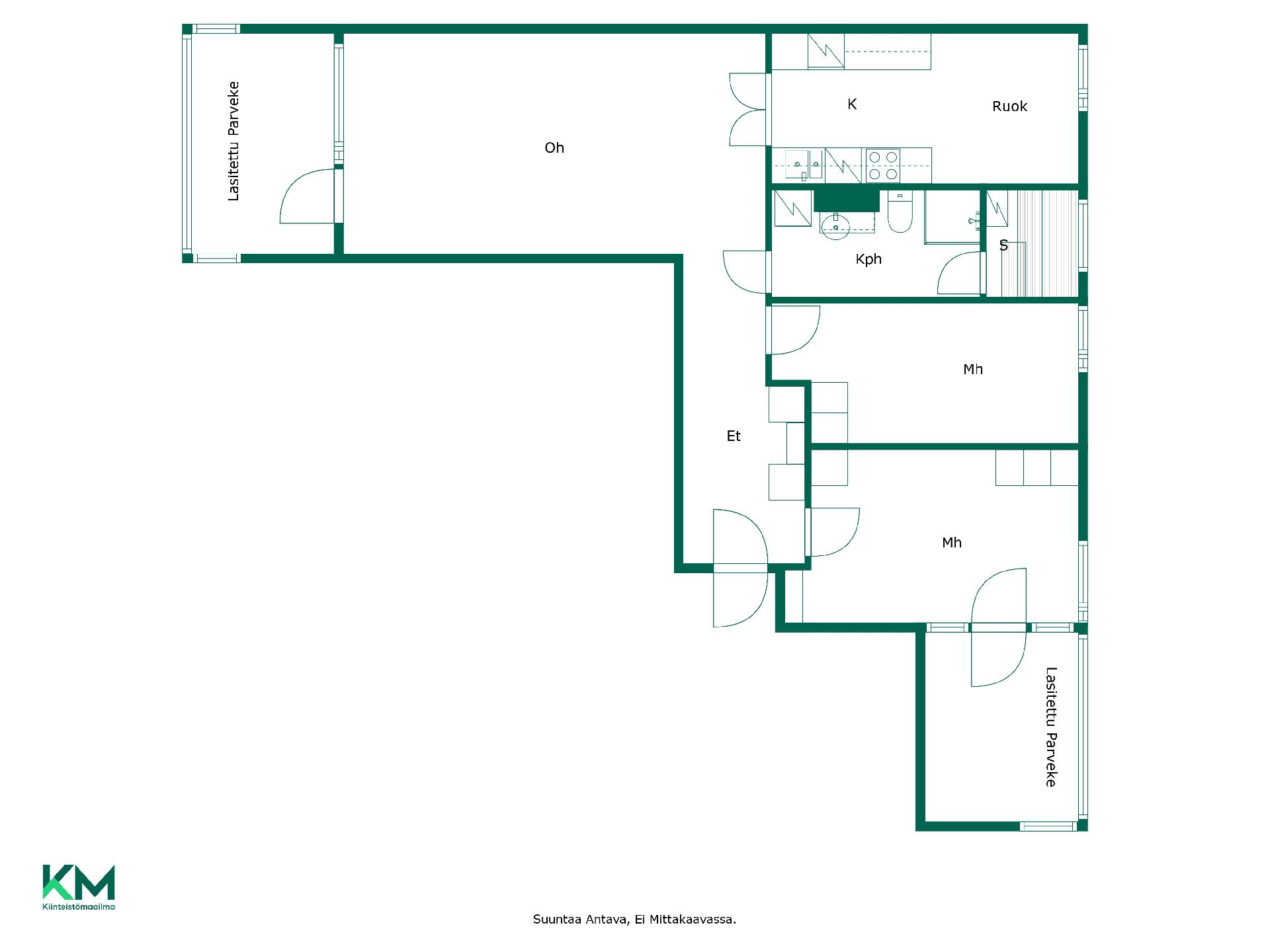 Hyvin suunniteltu ja tilava pohjaratkaisu, selkeä kokonaisuus.