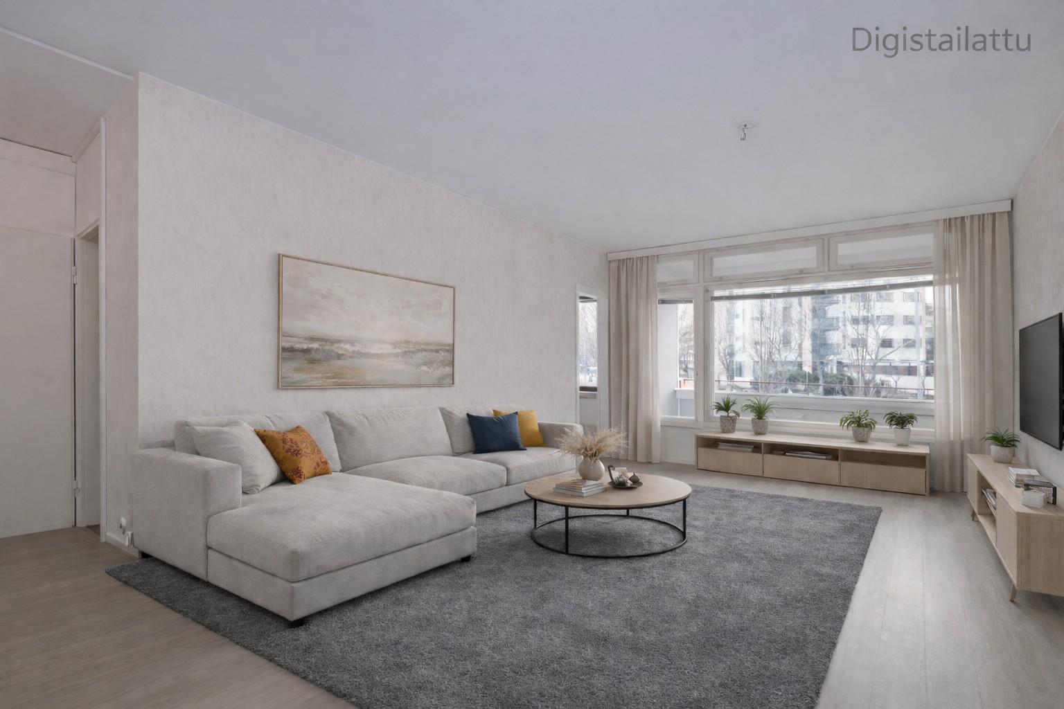 Valoisa olohuone, josta on käynti lasitetulle parvekkeelle