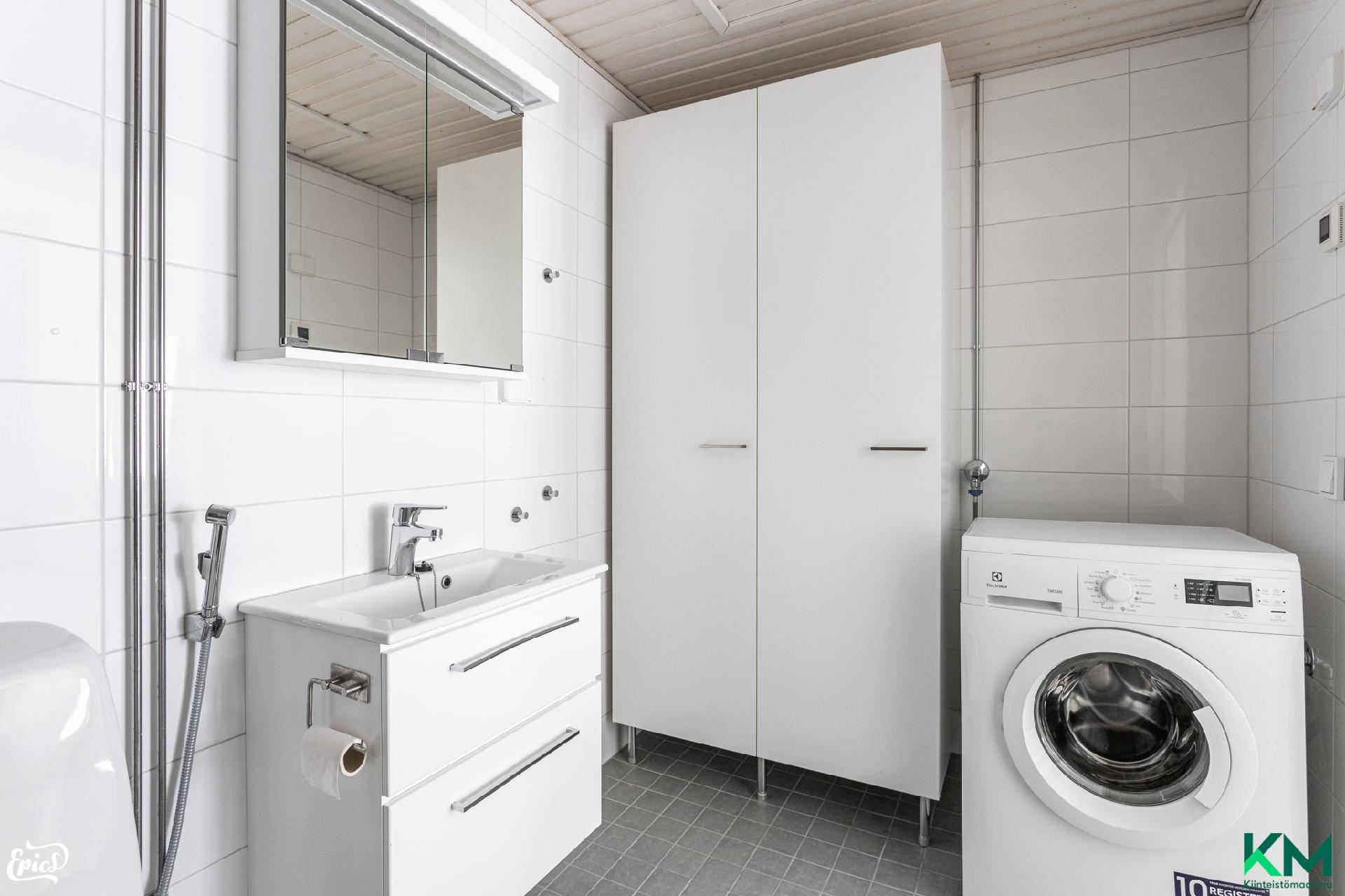 Kph:ssa pesukoneliitäntä ja kaapistot