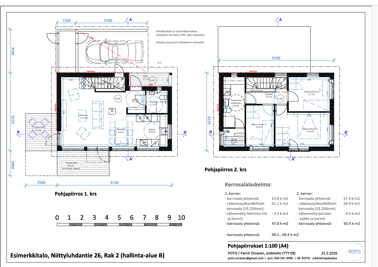 Arkkitehdin talosuunnitelma hallinta-alueelle B