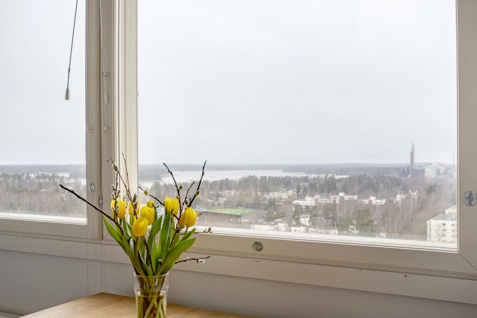 Ikkunoista esteetön näkymä länteen merelle.