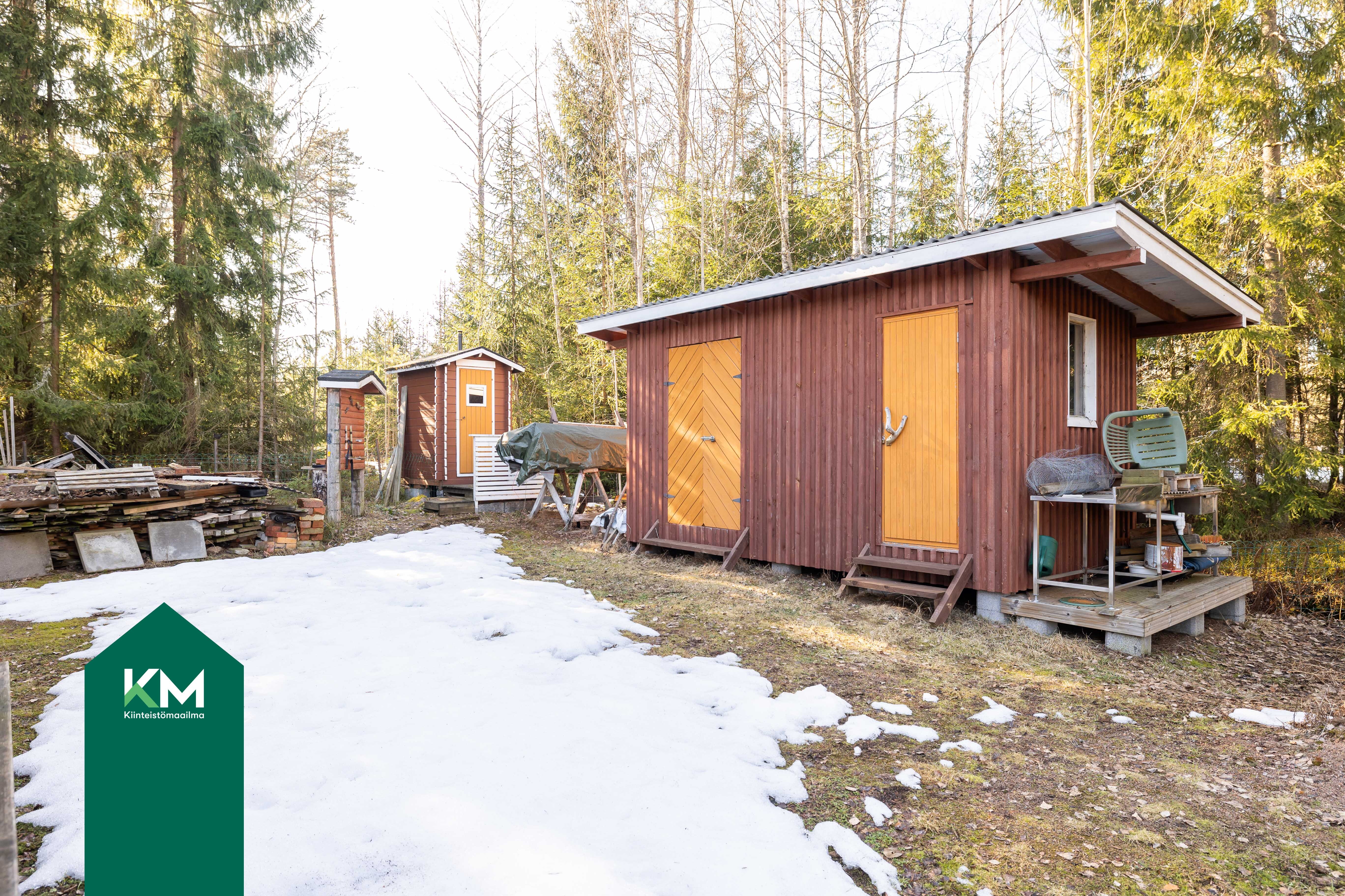 Päärakennuksen takana varasto ja puucee