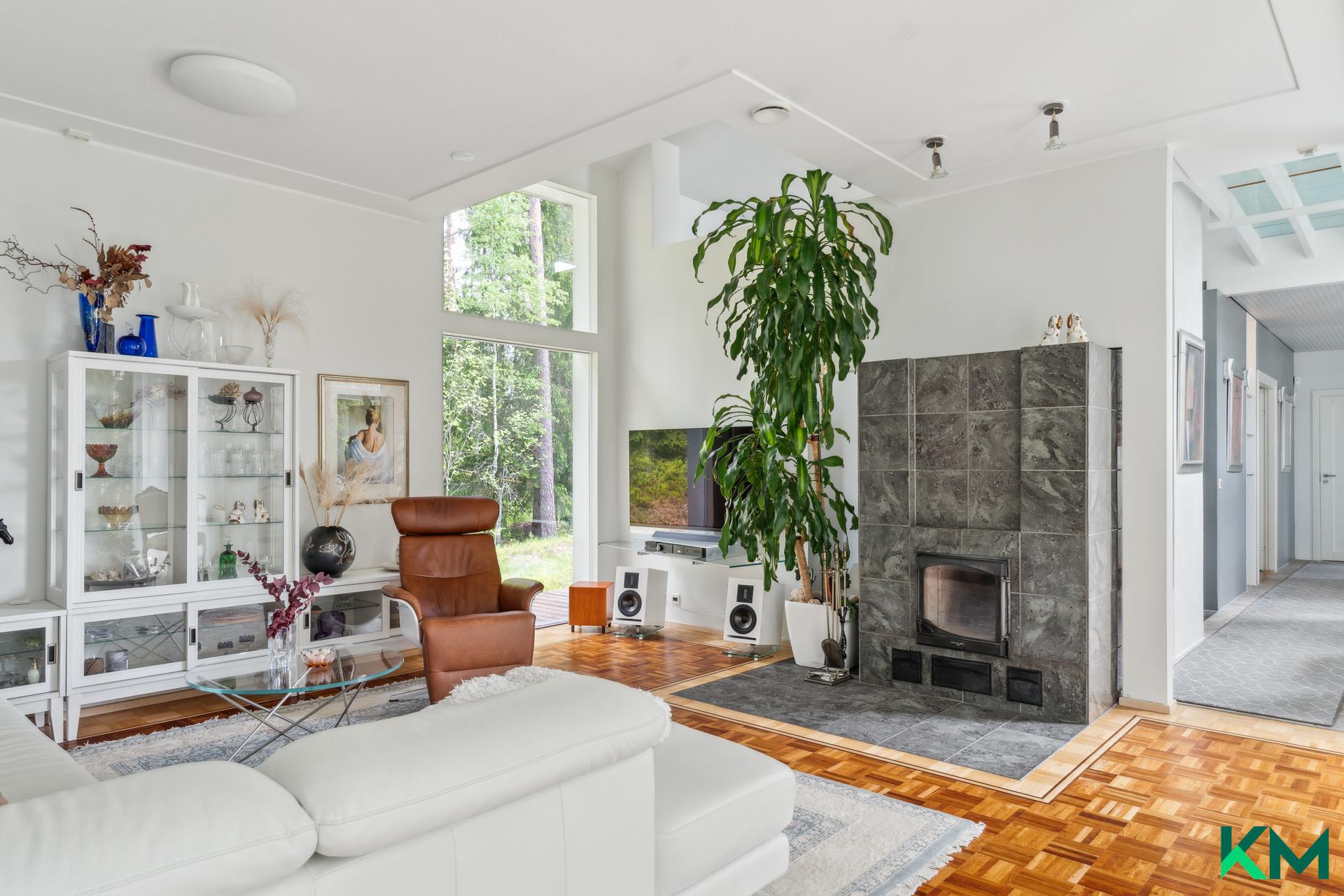 Tyylikäs ja kaunis olohuone, joka aukeaa vehreään luontoon