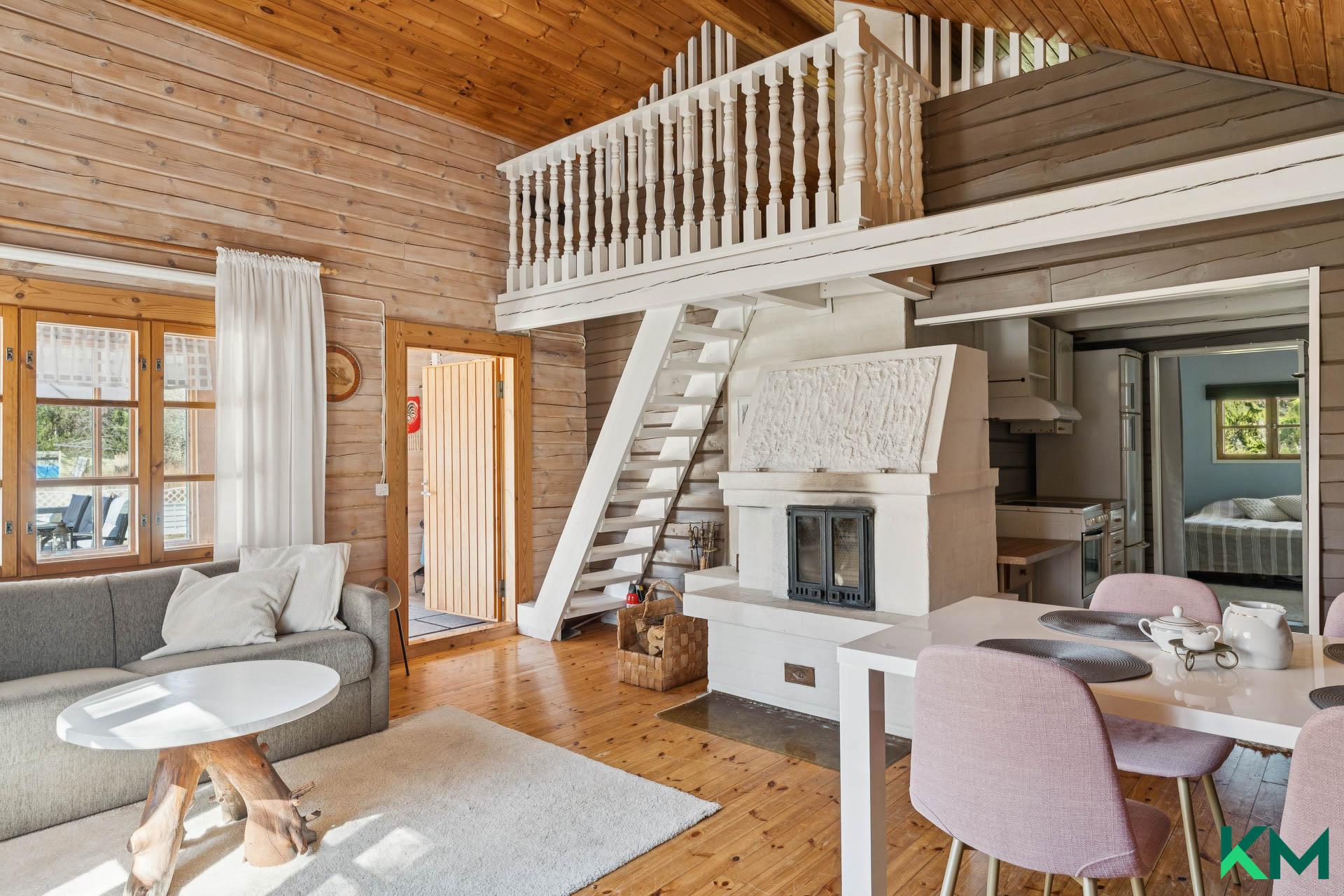 olohuoneessa varaava takka ja ILP.