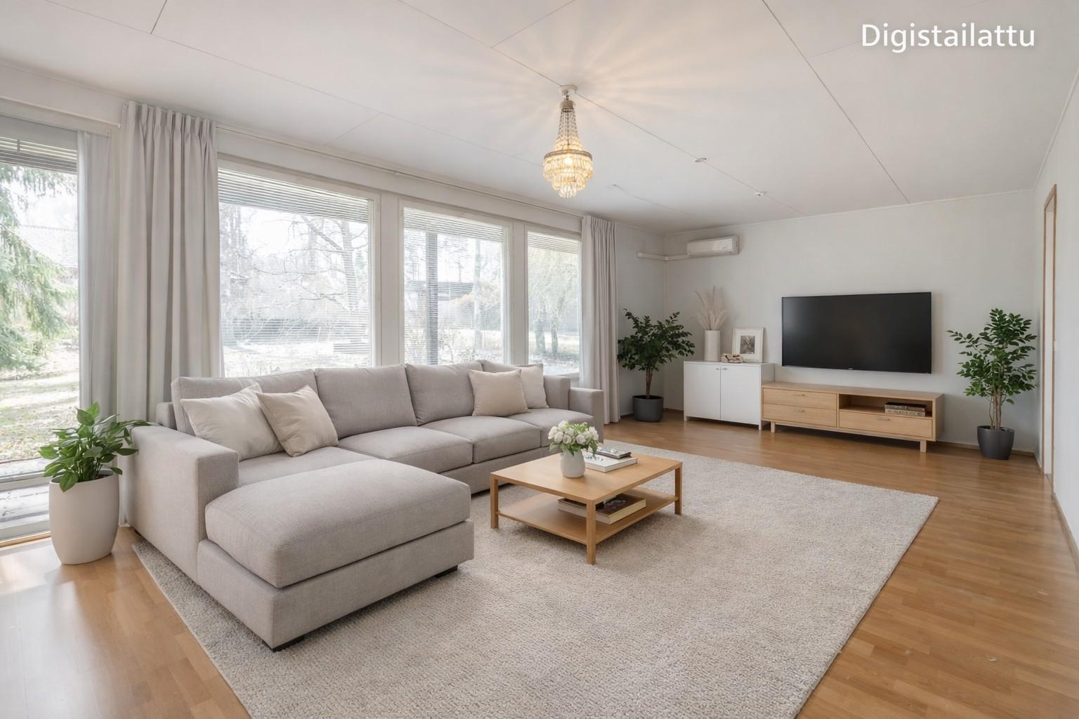 Valoisa olohuone, josta on käynti pihalle