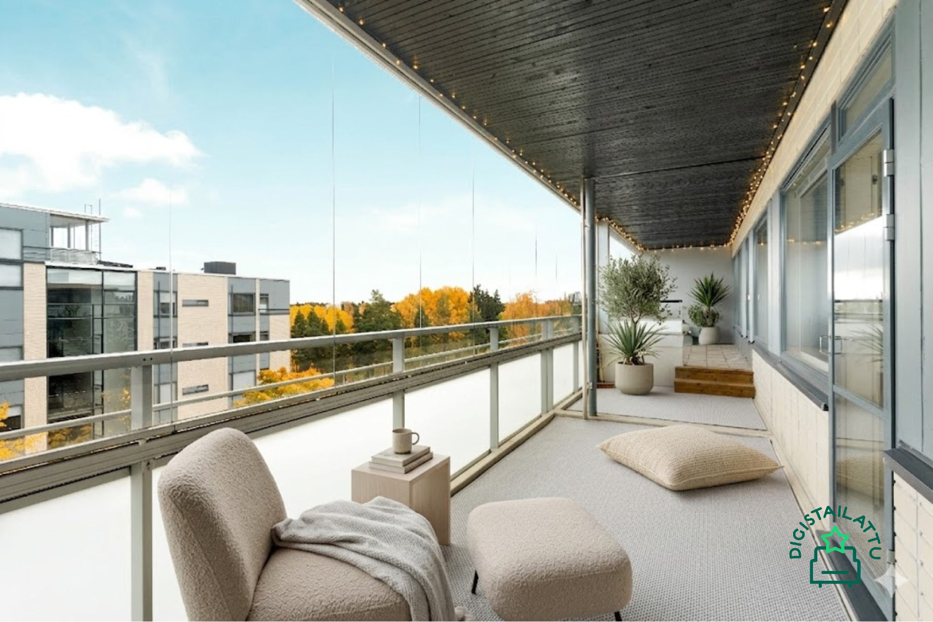 Tällä huoneistolla upea, koko huoneiston levyinen lasitettu parveke!