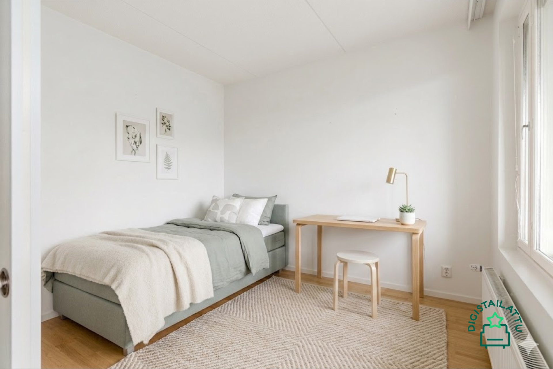 Olohuoneen päädyssä sijaitseva makuuhuone.