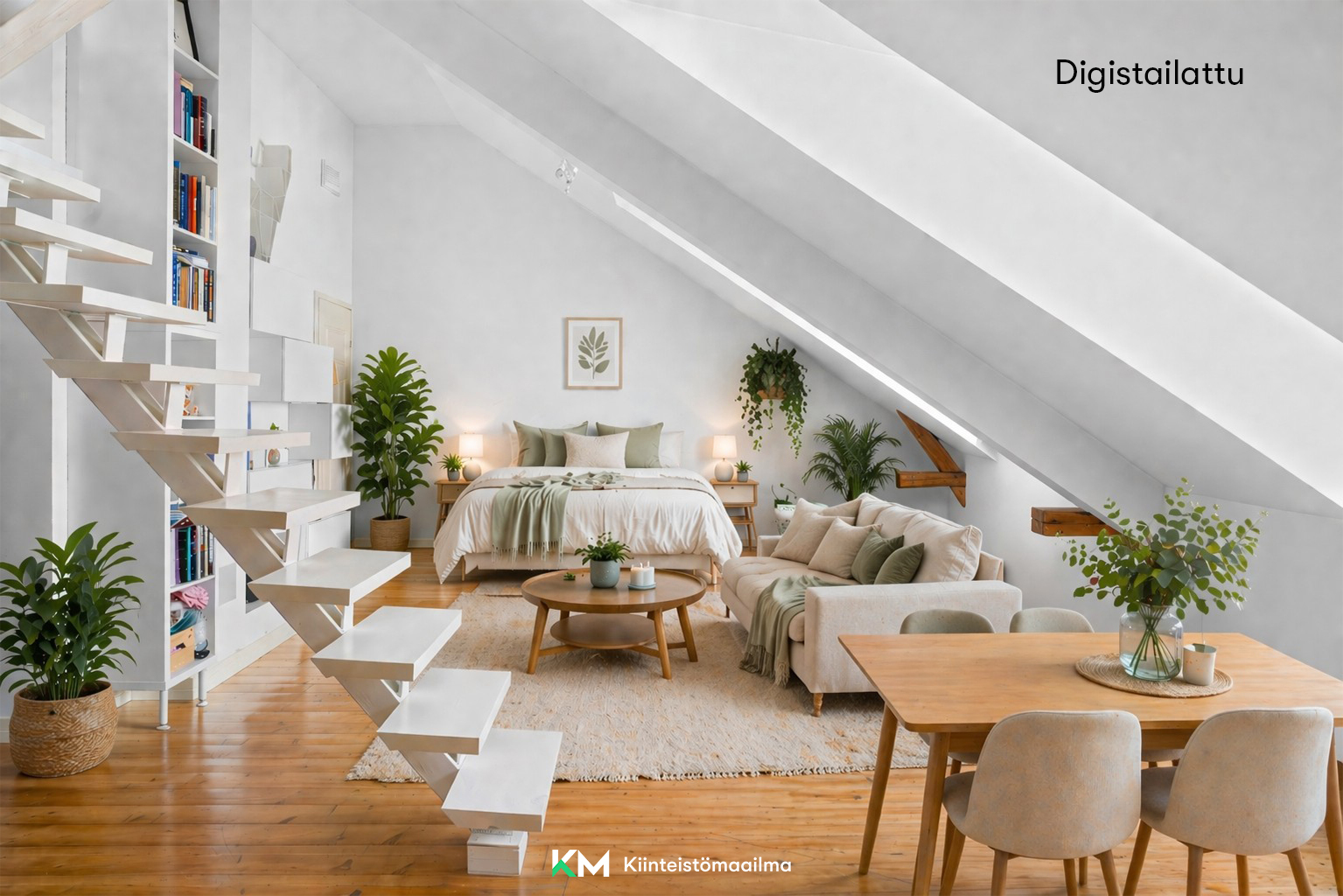 Halutessasi voit tehdä makuuhuoneen alas, joko pitää avonaisena tai rakentaa kevytseinän.