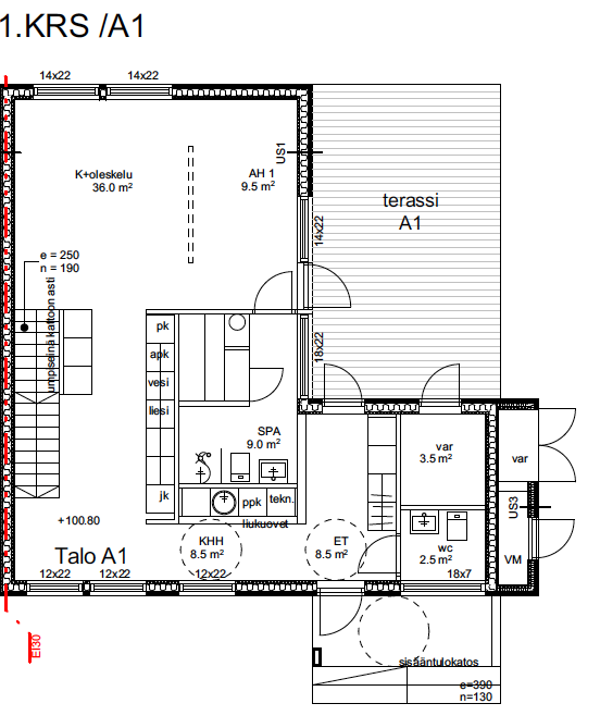 Lisähintainen pohjavaihtoehto, yht. 133m2