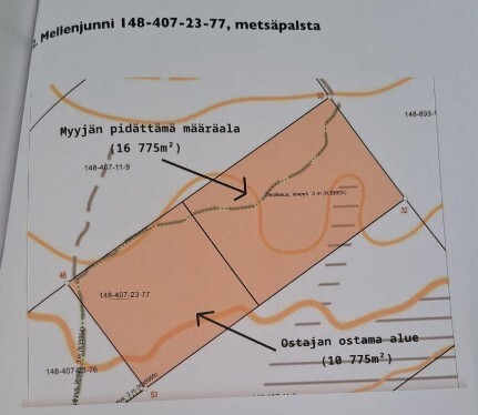 Myytävään tilaan kuuluva metsäpalsta on n. 10 775 m2.
