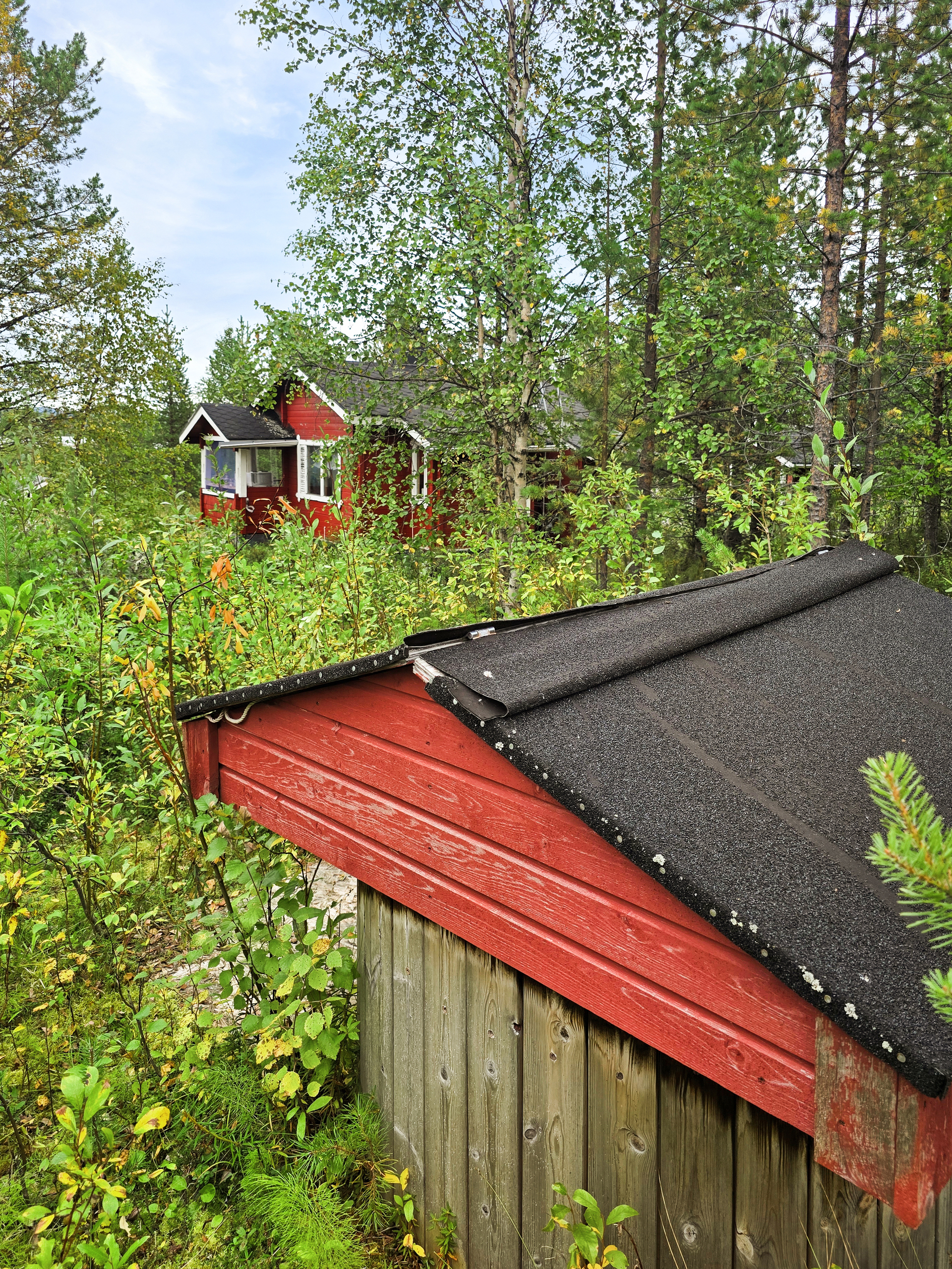 Pihassa on katettu rengakaivo mökin takana.