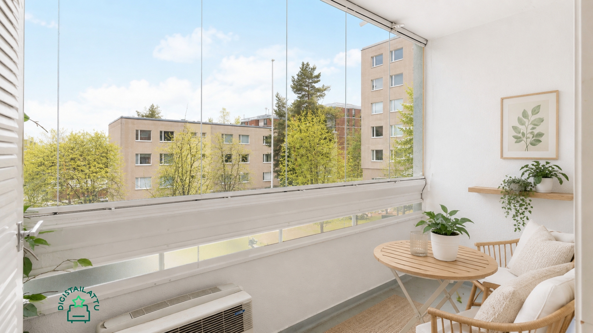 Lasitettu parveke on rauhalliselle sisäpihalle.