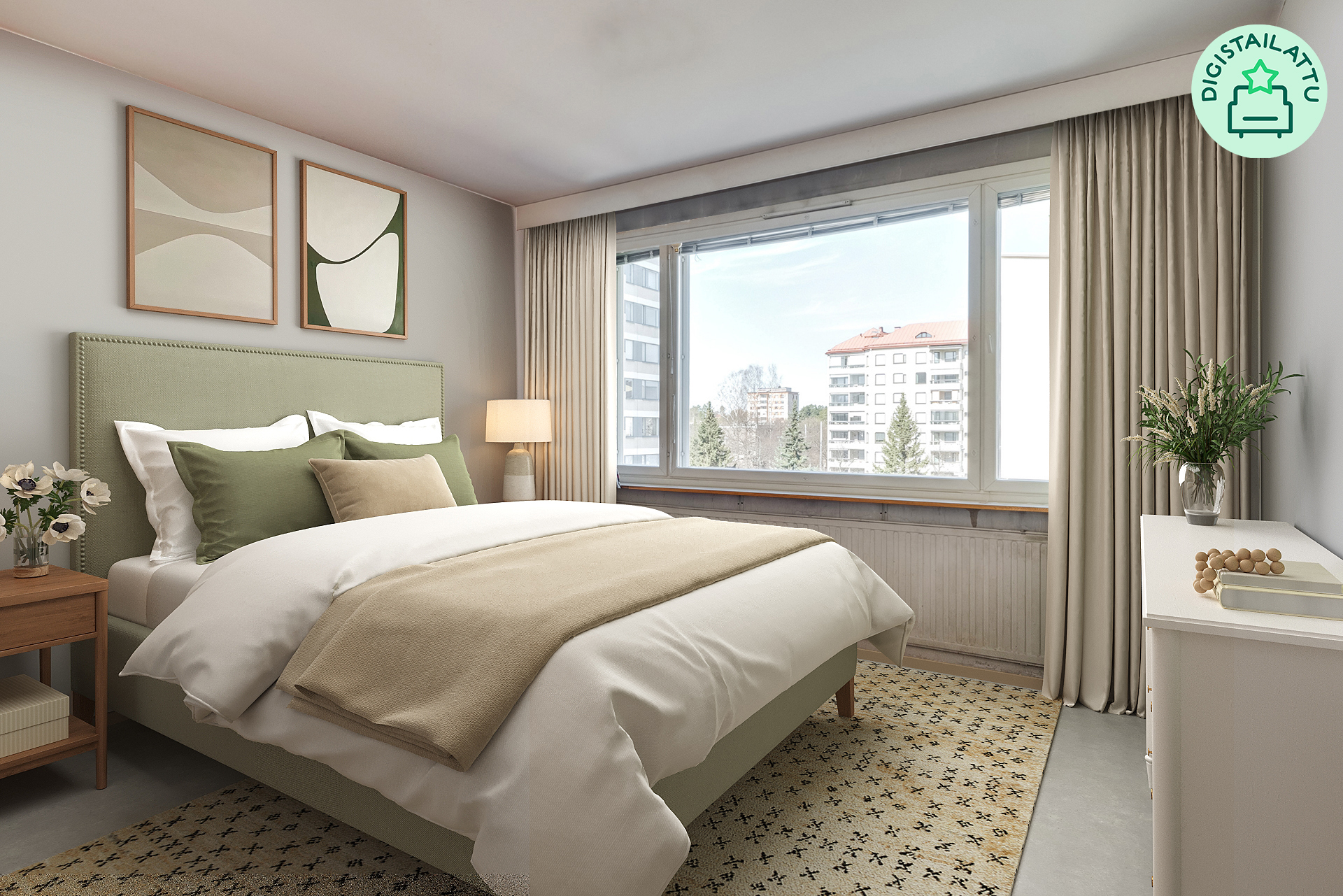 Makuuhuone 1: Kuvaan on digiremontoitu seinät ja lattiapinnat sekä lisätty huonekalut