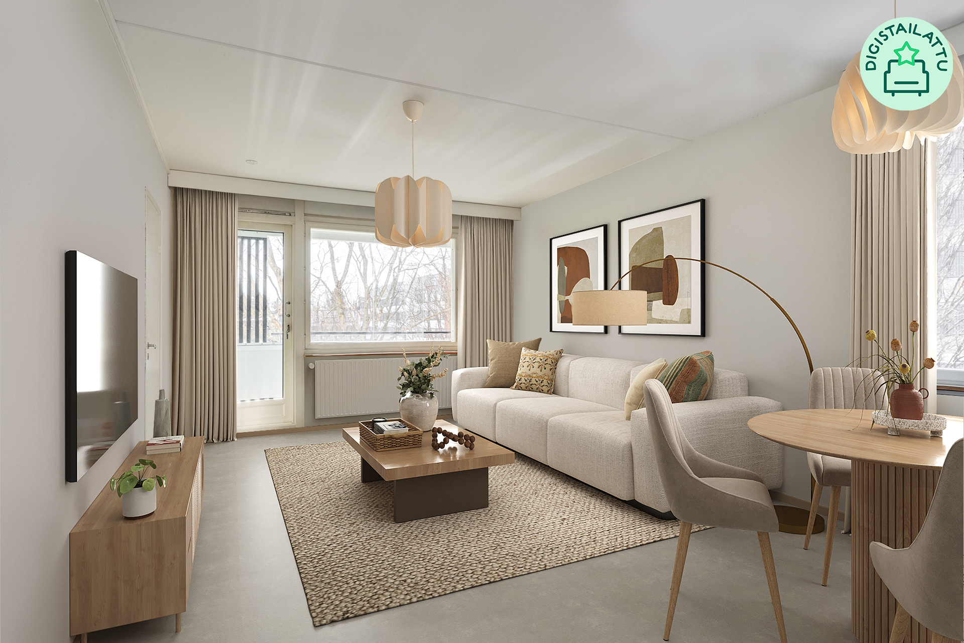 Olohuone: Kuvaan on gidiremontoitu seinät ja lattiapinnat sekä lisätty huonekalut