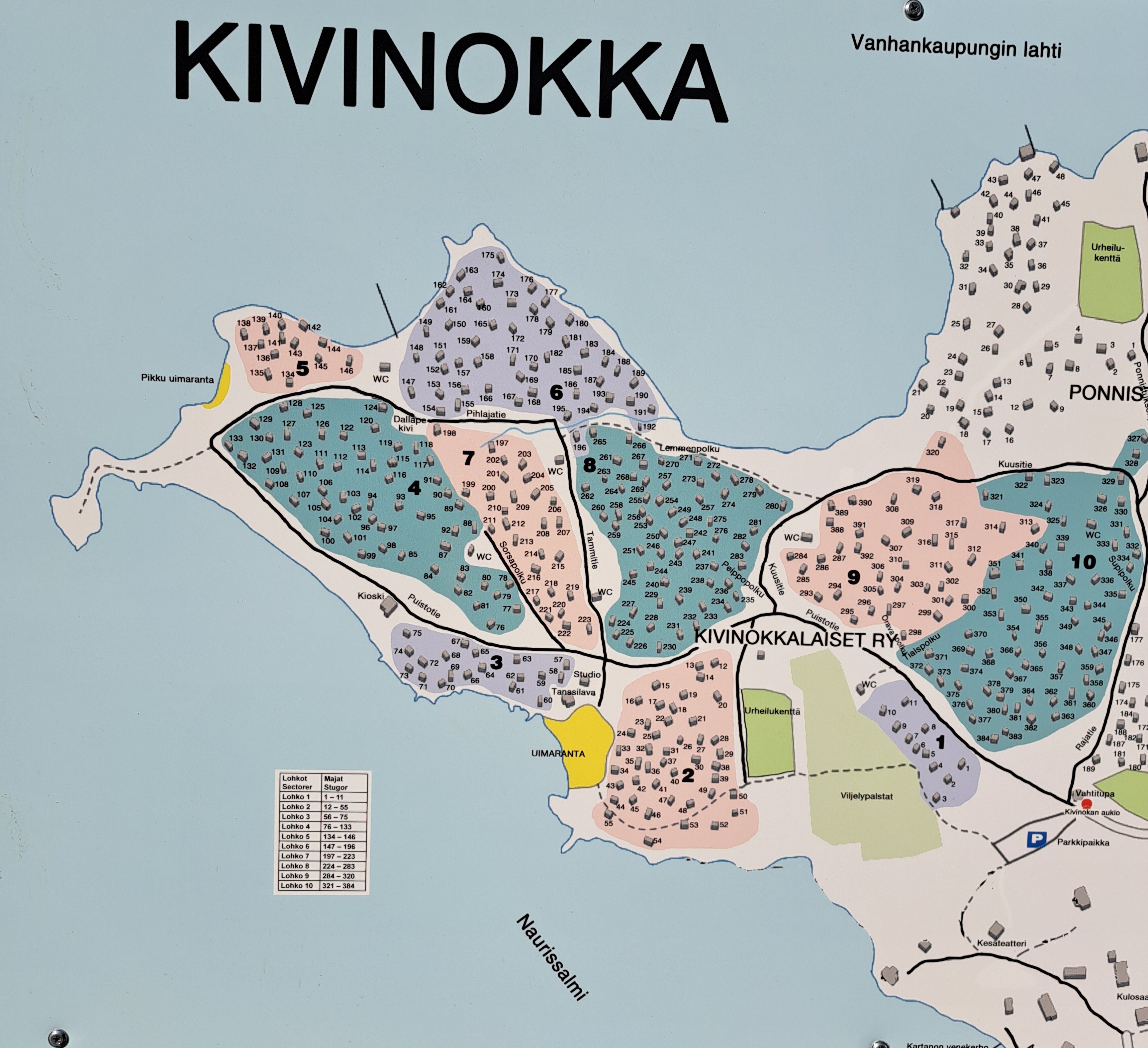 Kartta Kivinokan alueesta ja mökki nro 96 sijaitsee alueella 4.