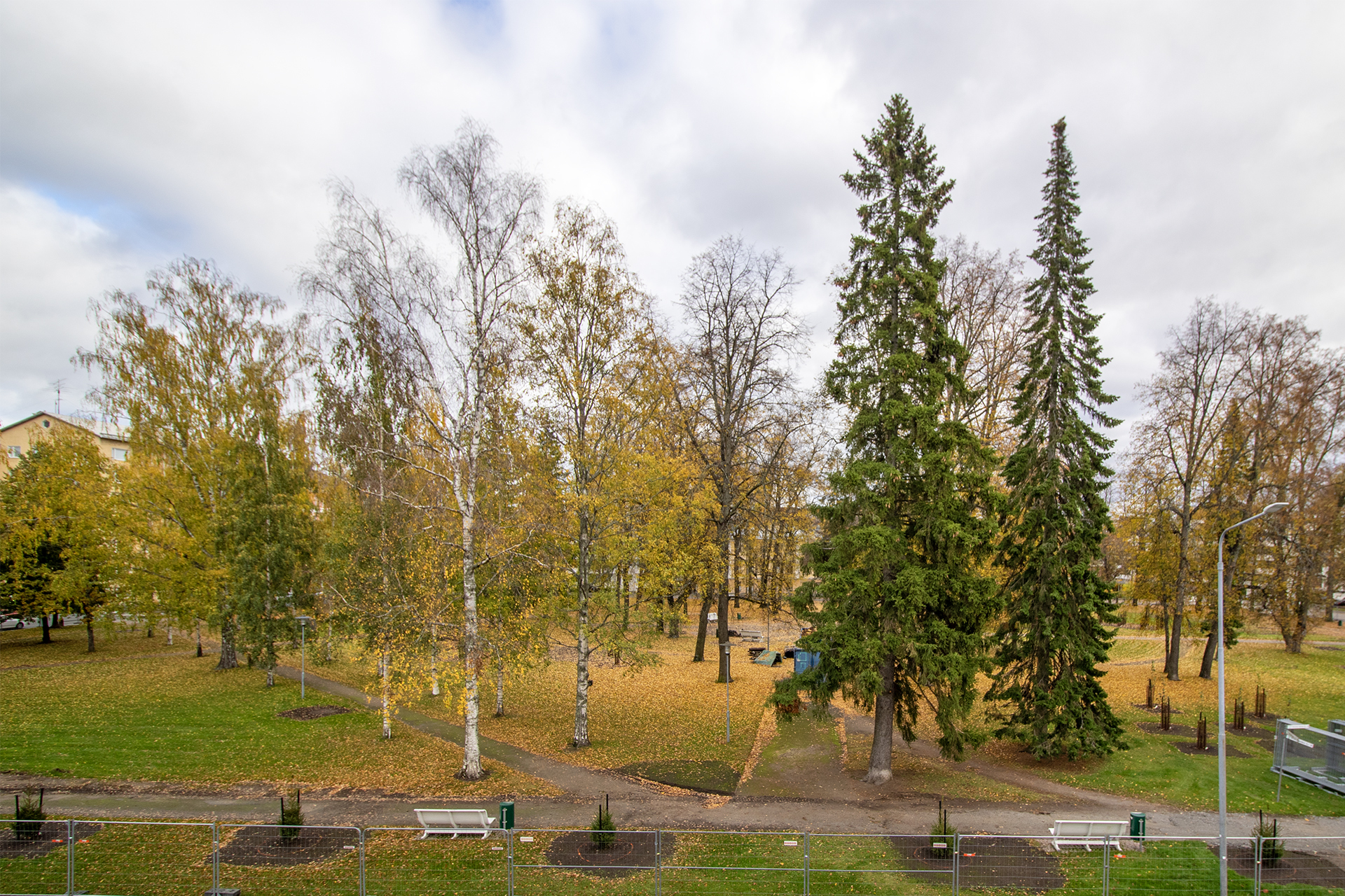 Näkymä parvekkeelta Piispan puistoon.
